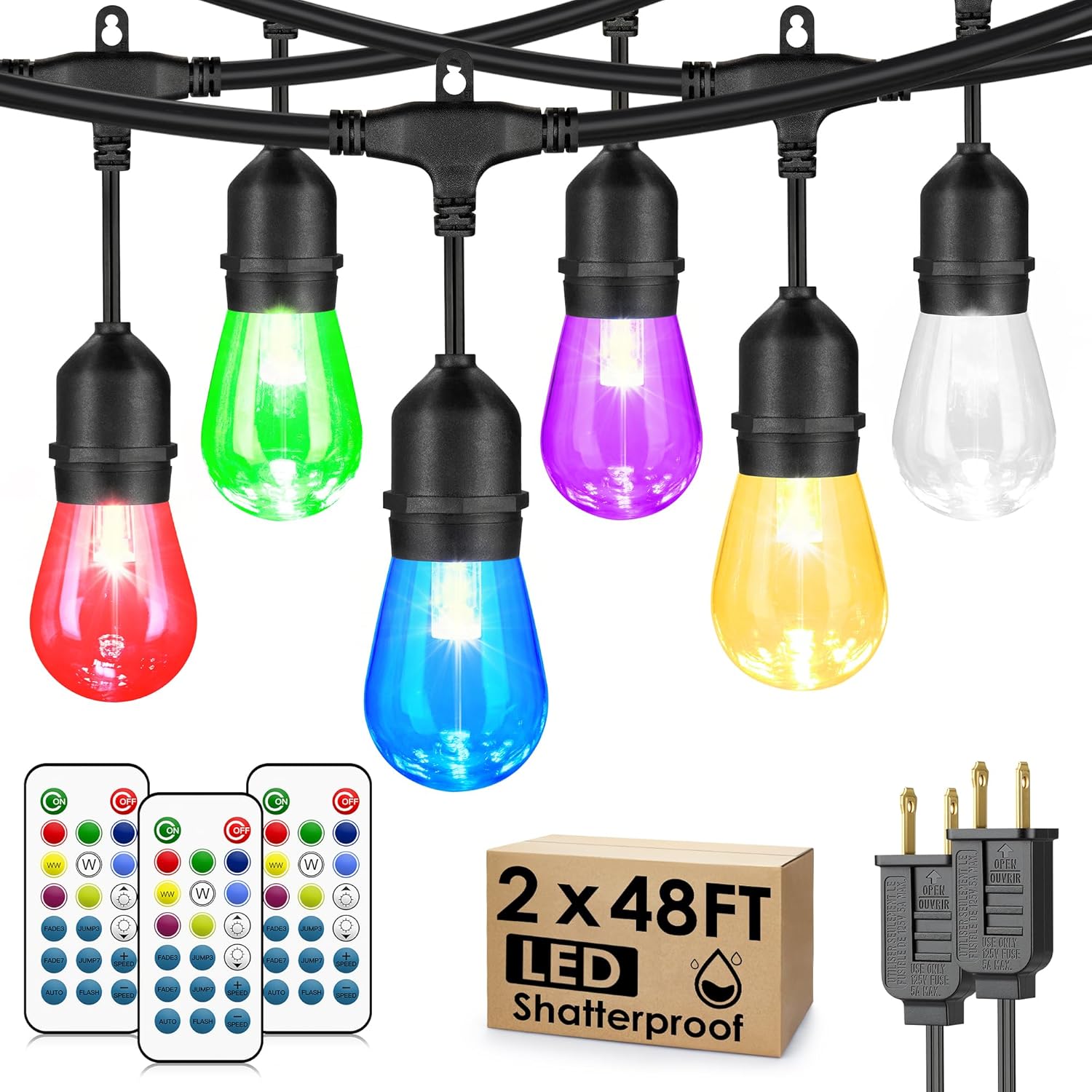 Larkvue 96FT(2X48FT) RGBW Outdoor String Lights with Remote, Patio Lights with 30+3 Vintage S14 Dimmable Waterproof Bulbs for Xmas Bistro Cafe Outside