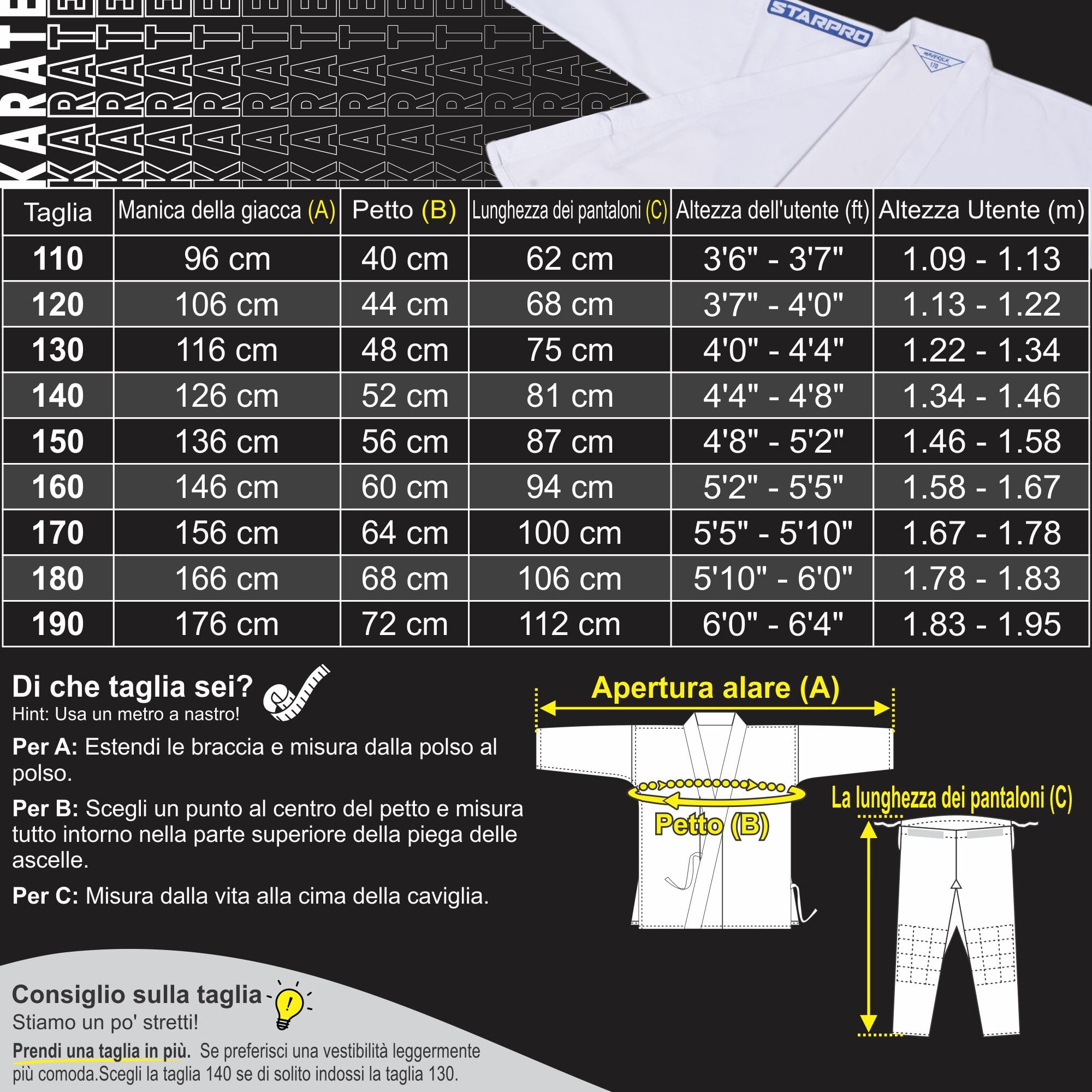 Starpro Tuta Kimono Karate in Cotone Bianco. Uniforme Professionale in Tessuto da Allenamento, Arti Marziali, MMA, Karate, Taekwondo - Uomini, Donne e Bambini - 110-190 cm - Cintura Bianca Gratuita