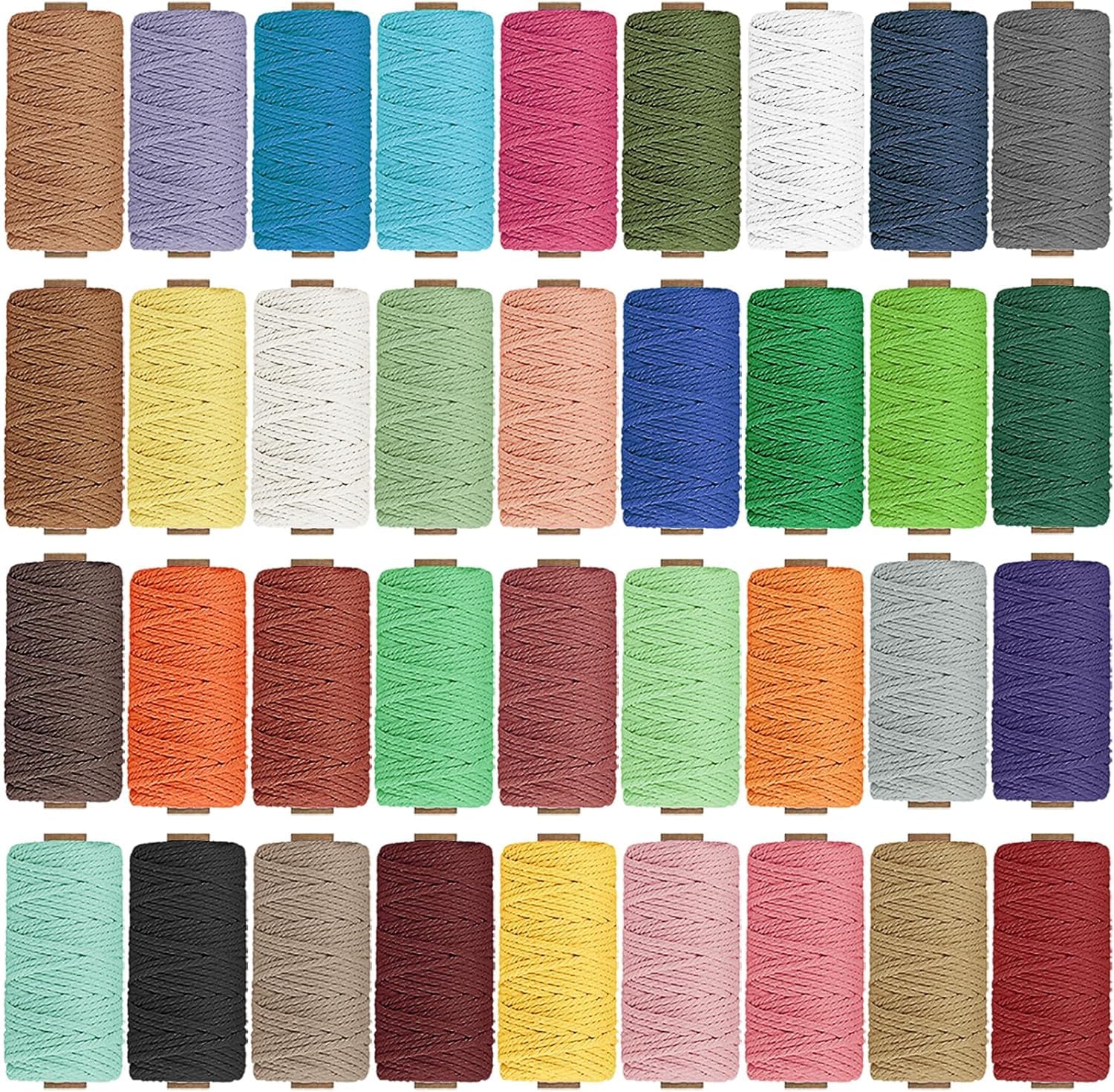36 rollos de cuerda de macramé de color de 3 mm x 1152 yardas, cuerda de algodón natural para macramé, 4 hebras trenzadas, cordón de algodón para manualidades, colgar en la pared, ganchos de plantas,