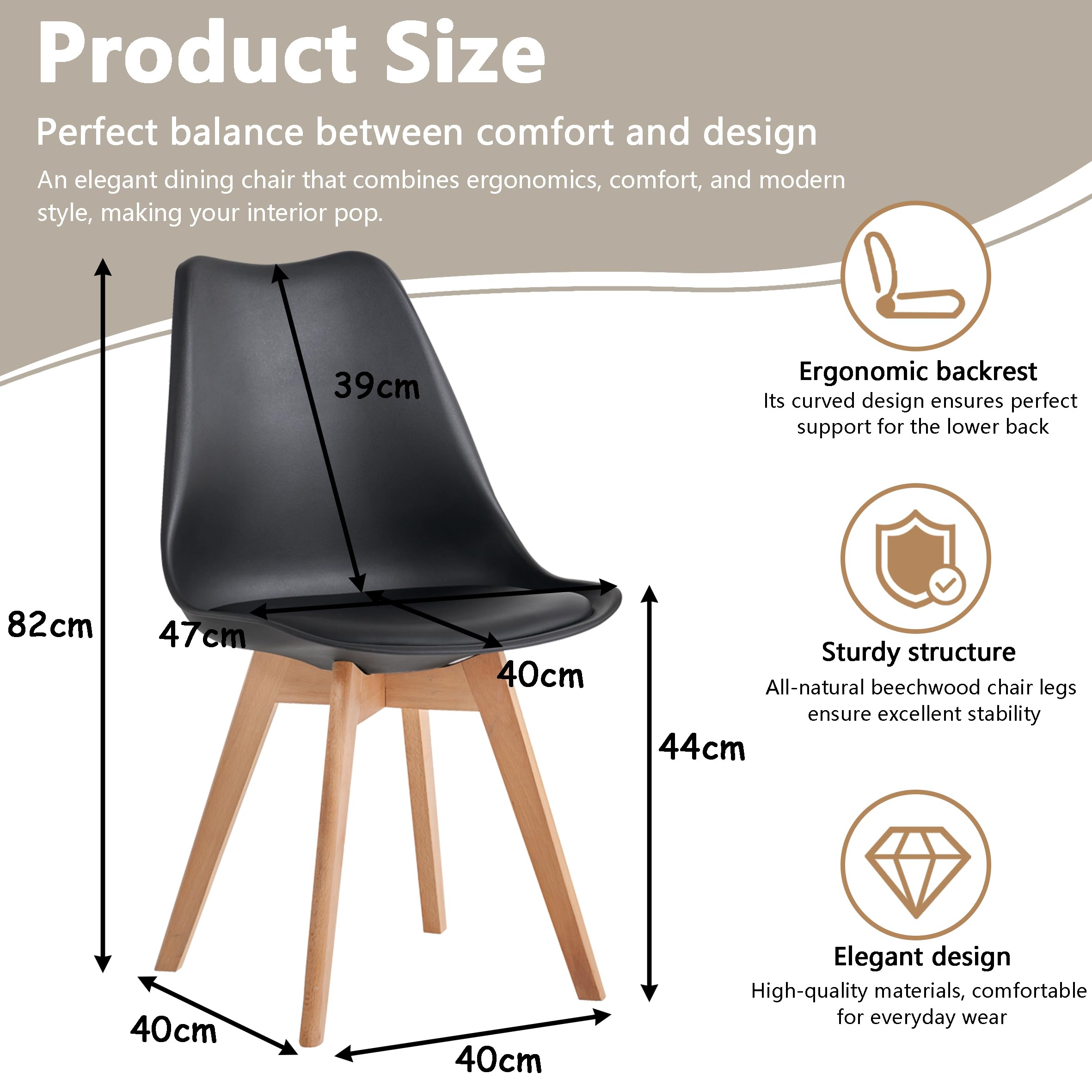 GrandCA HOME Juego de 6 sillas de Comedor escandinavas, diseño escandinavo, Patas de Madera Maciza, ergonómicas, para Comedor, salón, Cocina y Dormitorio (Negro, 6)