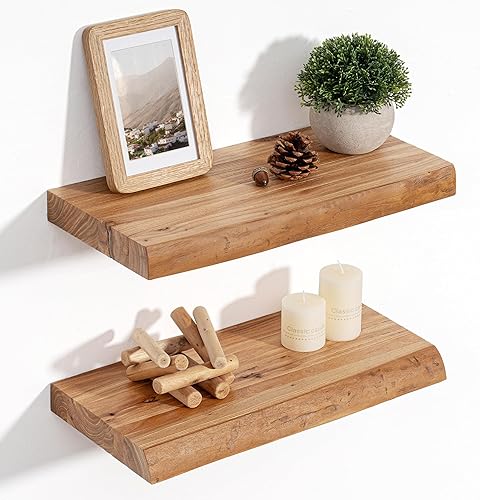Miniatura 30 de Estantes flotantes para decoración de pared, estantes flotantes rústicos de madera maciza de olmo con borde vivo, estantes de pared con soporte