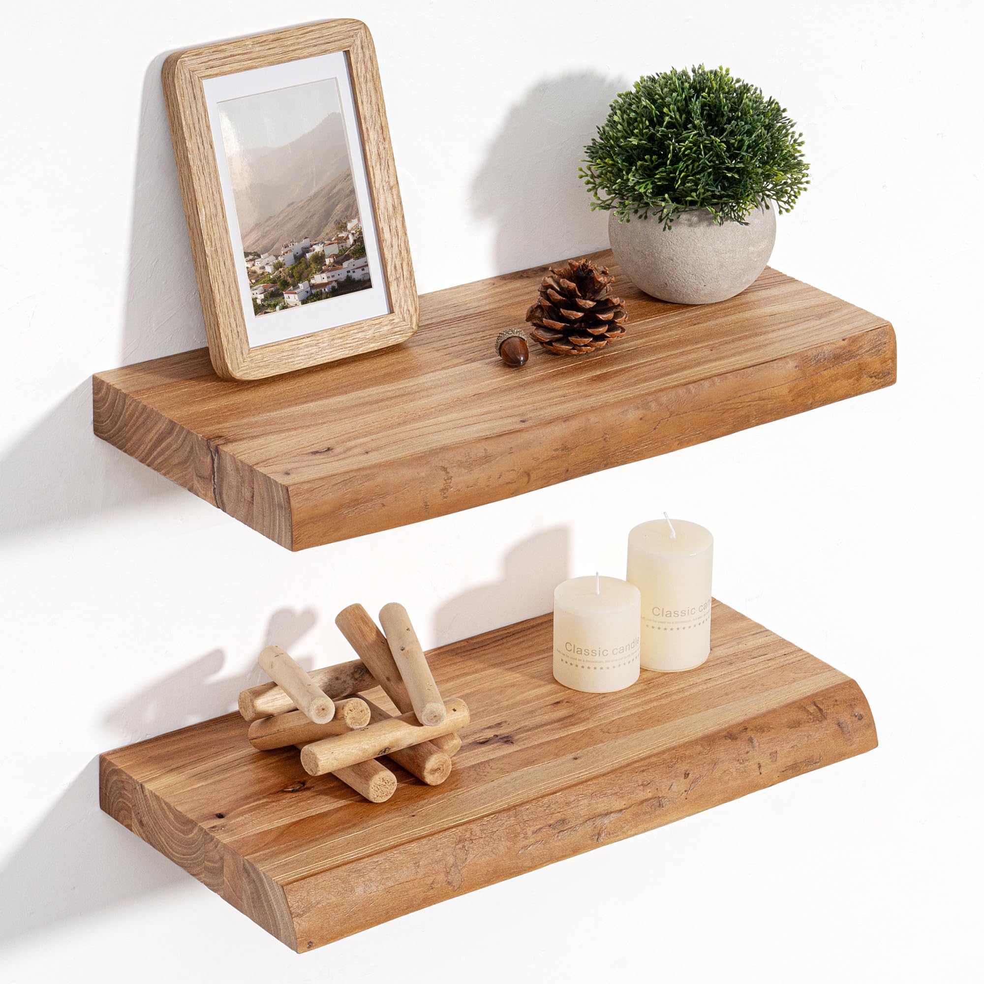 Floating Shelves for Wall Decor, 40CM Rustic Solid Elm Wood Live Edge Floating Shelves Wall Mounted, Wall Shelves with Invisible Bracket for Living Room Bathroom Bedroom Kitchen, Set of 2, Natural