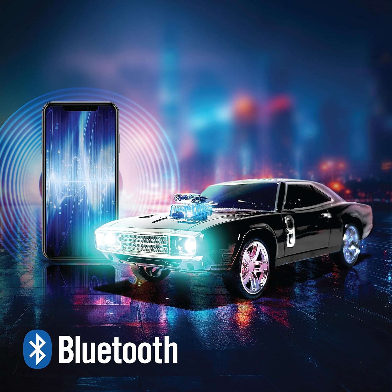 QFX Bluetooth 1968 Retro Muscle Car Replica Speaker, Dual 2-inch Speakers, Hands Free Link, Built-in Microphone, FM Radio and LED Party Lights, Black - BT-1968-BLK