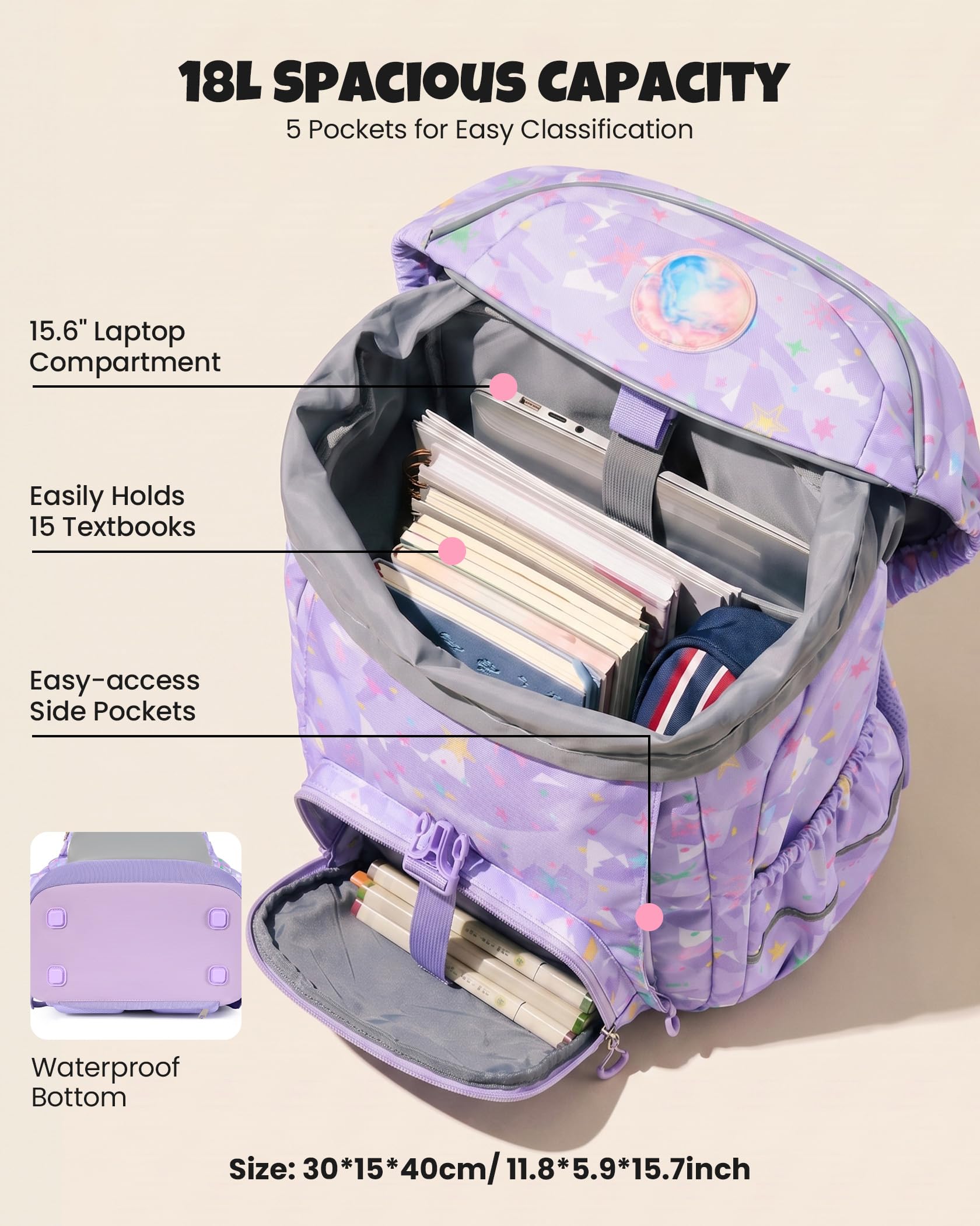 Amythe Set 3 Pezzi Zaino Ergonomico Ragazza CP-CM2, Cintura Rimovibile | Sacchetto a Cordoncino, Cartella con Divisori, Clip Pettorale, Bande Riflettenti, Antipioggia, Bambino 6-12 Anni