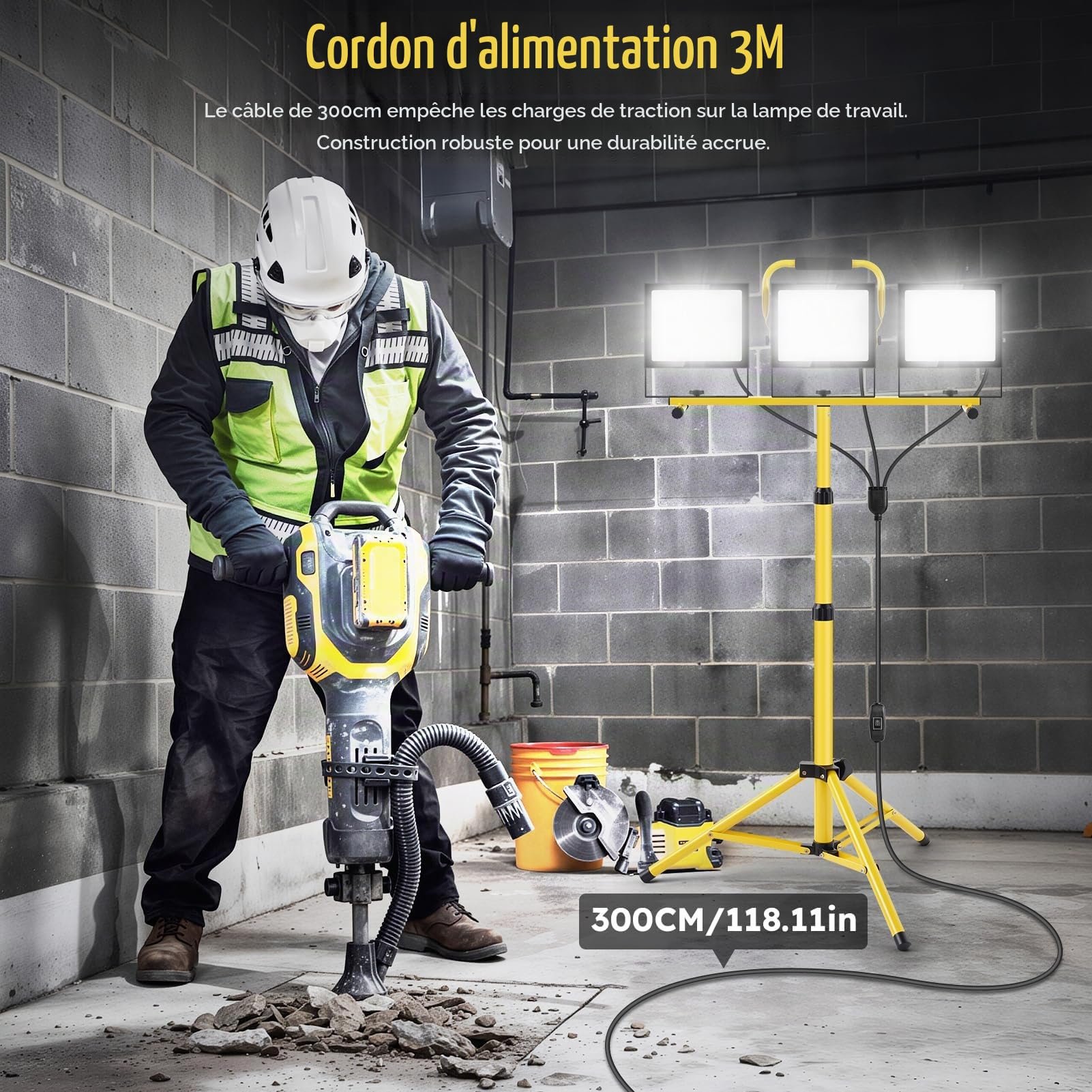300W Projecteur LED Chantier avec Trépied, 3x100W 30000LM Projecteur de Chantier 6500K 4500K 3000K, Hauteur Réglable de 85-180cm, Étanche IP66 Lampe de Chantier pour Chantier Garage Atelier