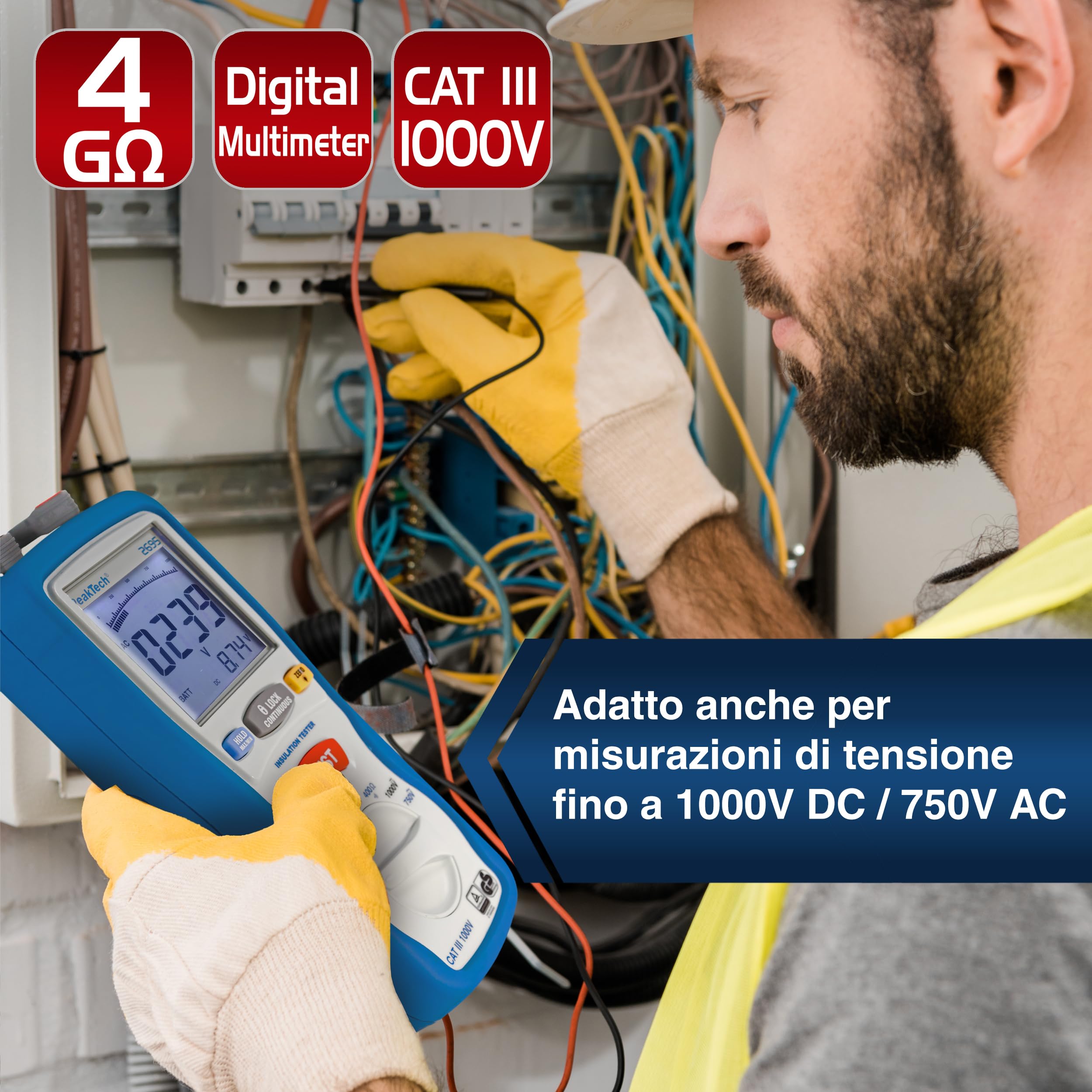 Peaktech P 2695 - Tester per Isolamento Elettrico, Voltmetro, Tester di Continuità, Circuiti e Fusibili, Funzioni Min/Max e Blocco Dati, Tüv/Gs - 125 V, 250 V, 500 V, 1000 V
