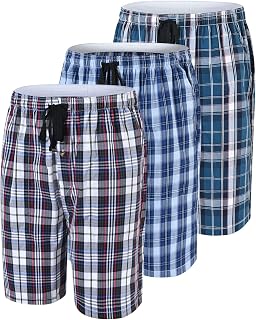 MoFiz Mens Pajama Shorts Woven Cotton Sleep Lounge Shorts 3-Pack Plaid | Summer Short Pj Bottoms with Pockets Lightweight Breathable Elastic Drawstring Open Fly Front Night Bed Sleepwear Loungewear