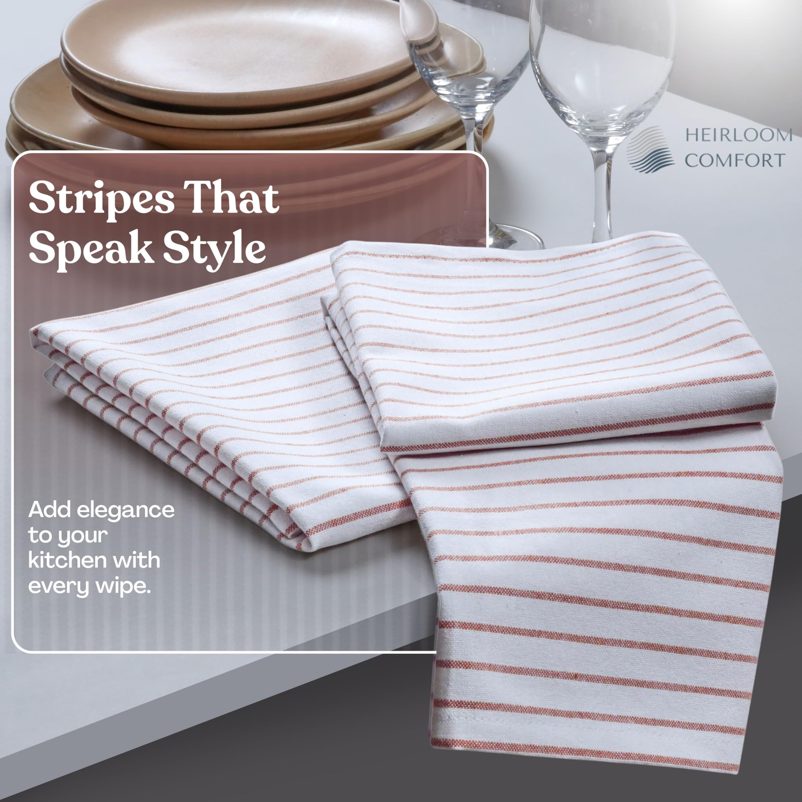 Strofinacci a righe color ruggine, confezione da 12, 100% cotone, super assorbenti e ad asciugatura rapida, set di asciugamani da cucina classici a righe, resistenti per uso in cucina