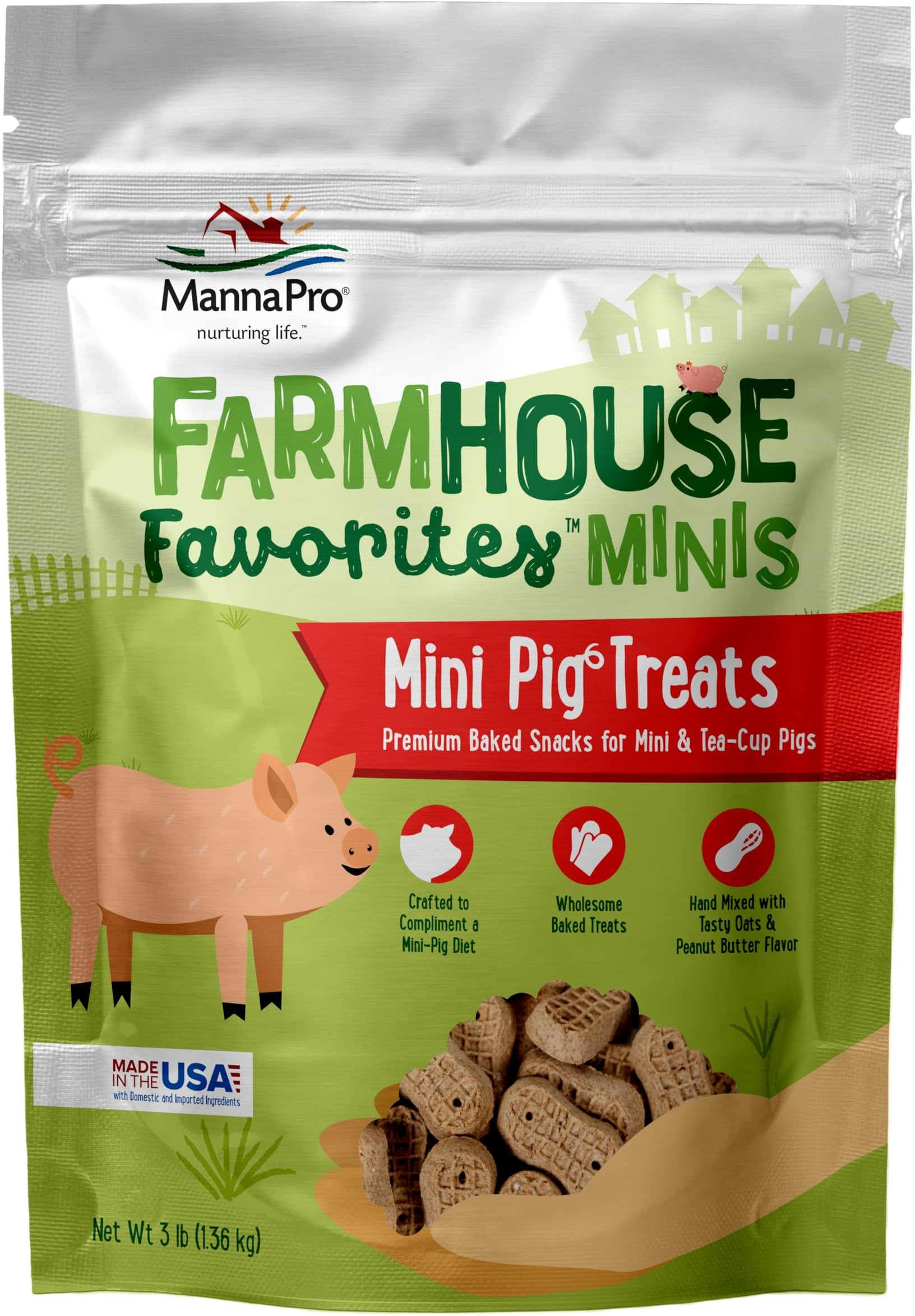 Farmhouse Favorites Mini Pig Treats, Baked Snack for Mini and Teacup Pigs, Hand-Mixed, Peanut Butter Flavored, Supports Training and Bonding, Premium Treats for Small Pigs, 3 lb Bag
