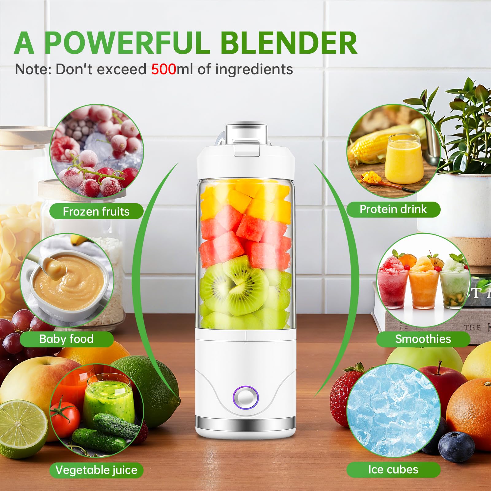 Blender Portable, 650ml Mixeur Portable pour Shakes et Smoothies, Broie Glace et Fruits Surgelés, Rechargeable Mini Mixeur Personnel avec Couvercle de Voyage pour Cuisine,Salle de Sport,Bureau