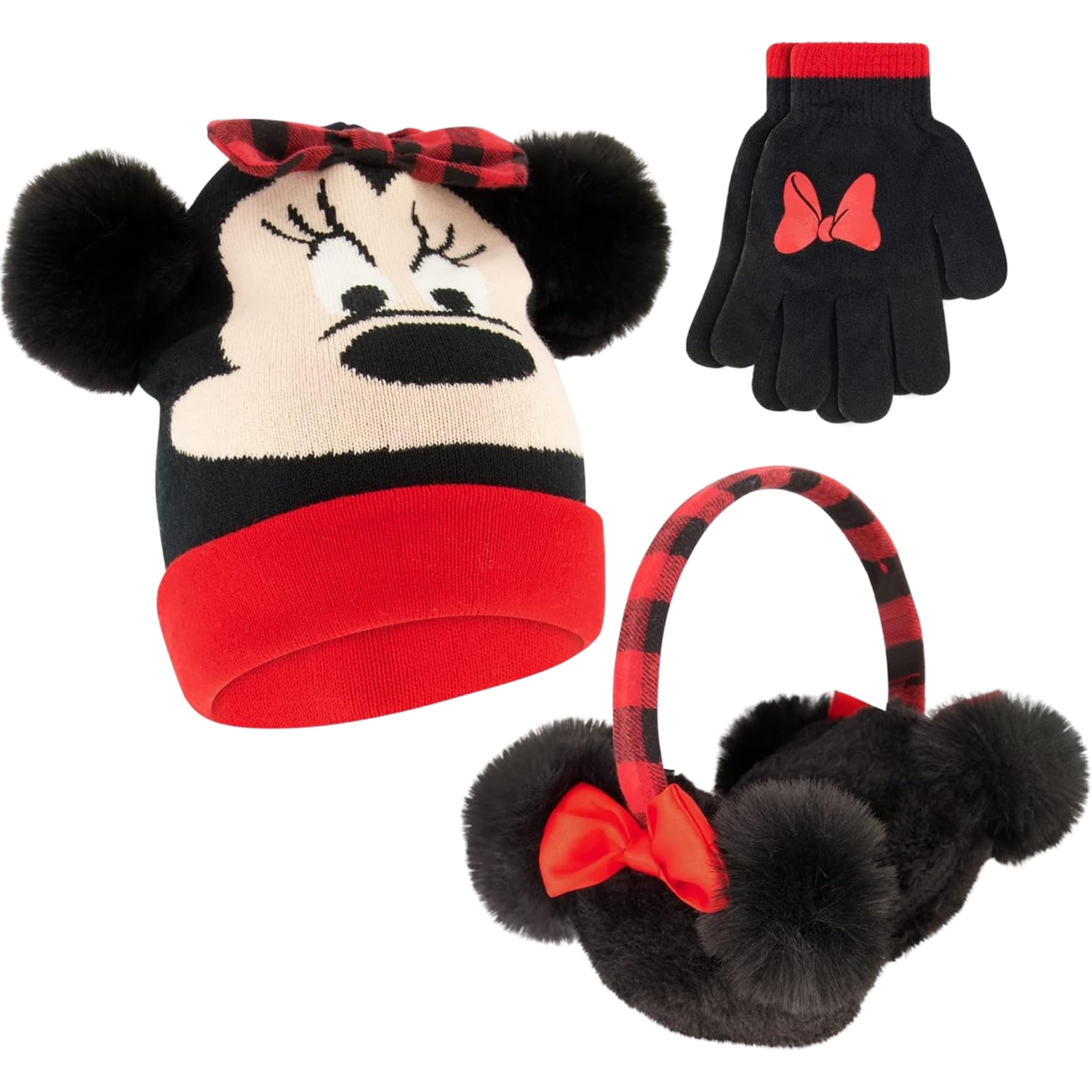 Disney Girls' Winter Hat, Earmuffs and Kids Gloves Set, Minnie Mouse for Ages, Age 4-7, Minnie Mouse, 4-7 Years
