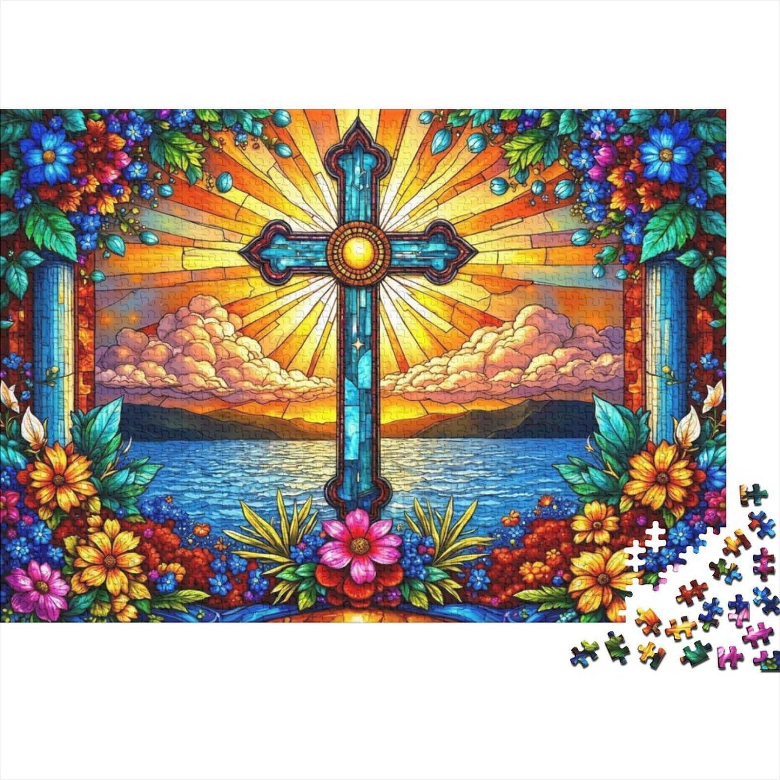 Stained Glass Cross Stained Glass Cross Sunset Floral Frame 1000Pc Jigsaw Puzzles Fun And Challenging Game Great Gift Idea for Home 38x26cm/1000pcs