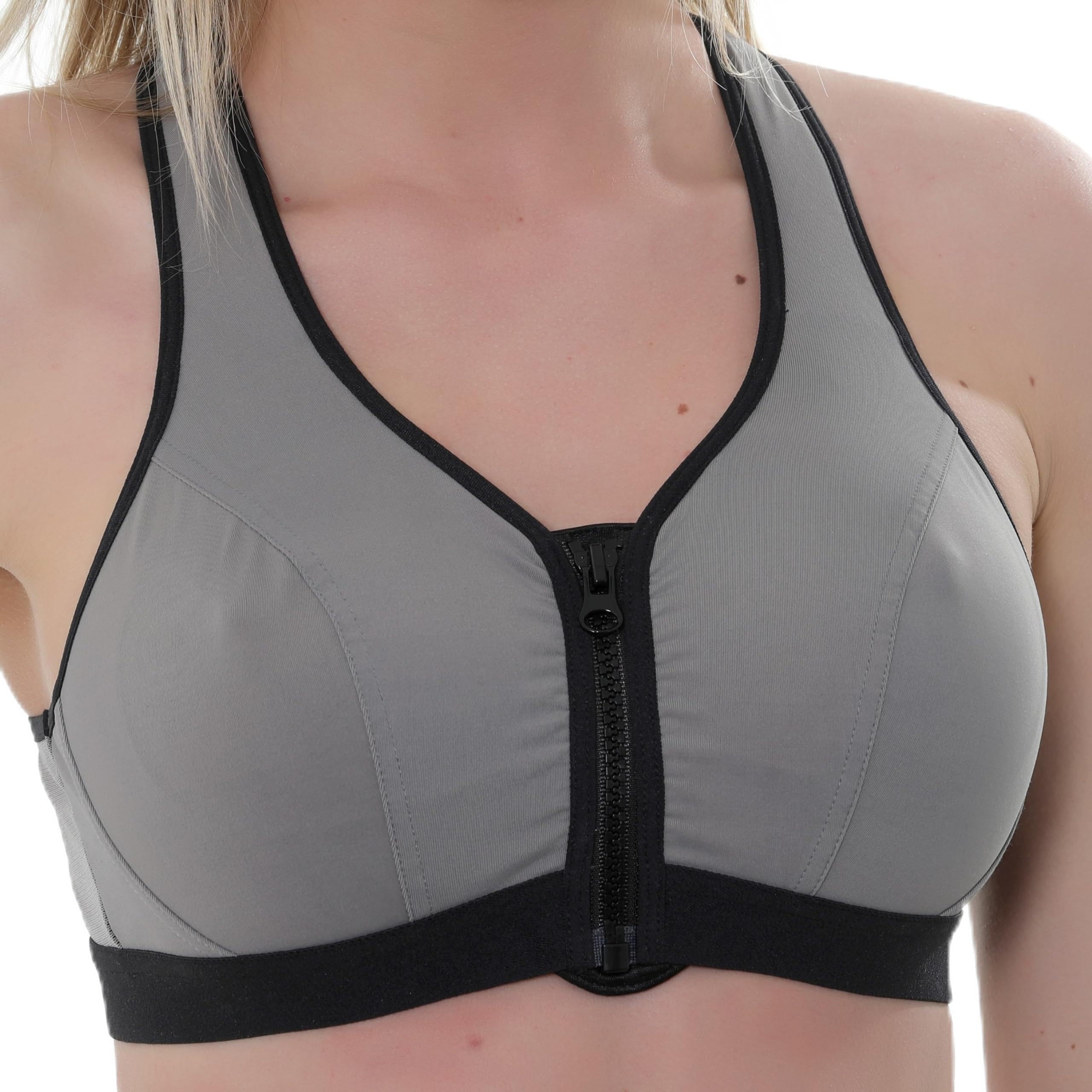 Vitality Care Women's High Impact Sports Bra Non-Wired Full Coverage with Zip Front Fastening and Racerback Design, Grey, 34H