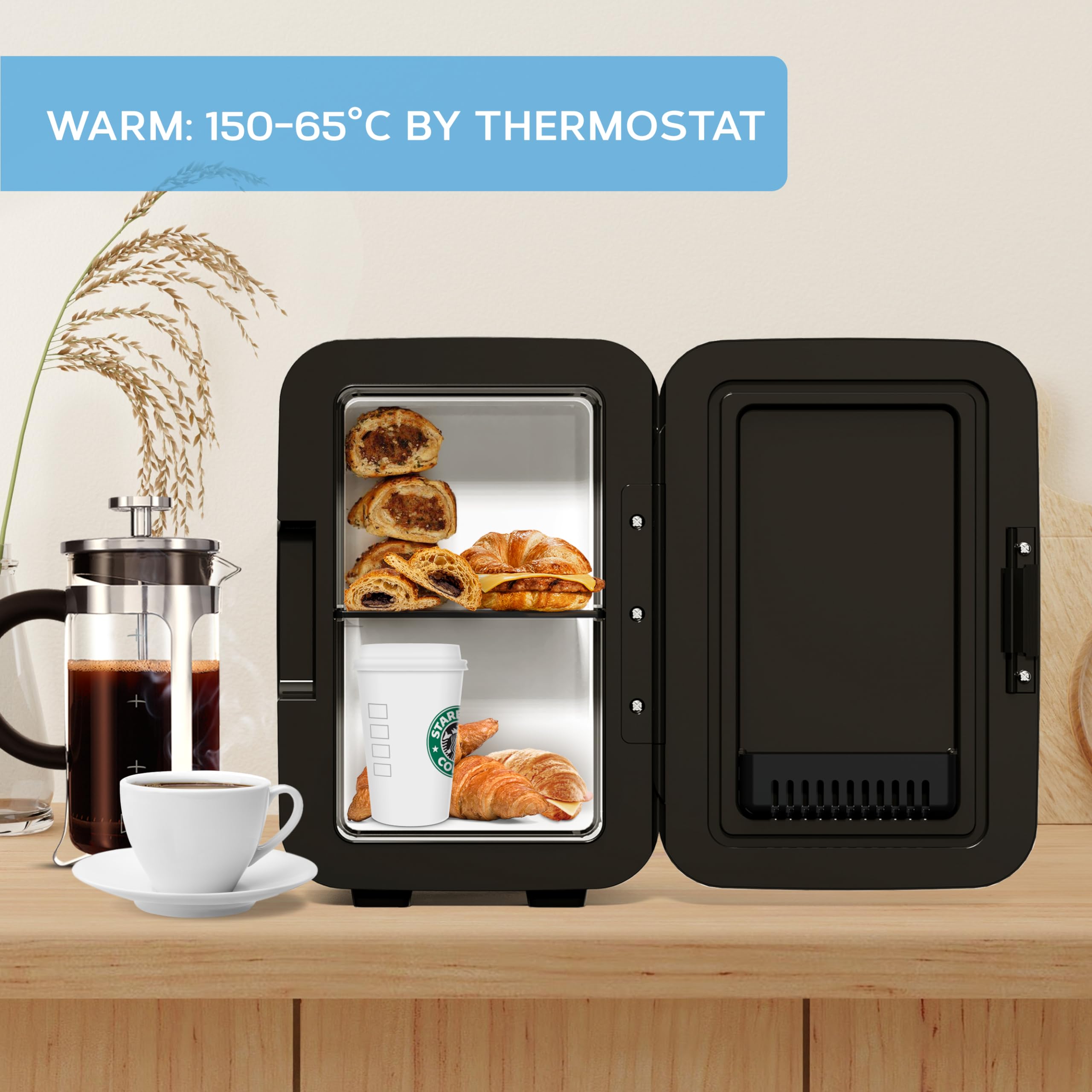 MONCOOK Mini Frigorifero - Piccolo, Portatile E Silenzioso - Minifrigo Con Porta In Vetro Per Cosmetici, Cibo E Bevande - Raffredda E Riscalda - Perfetto Per Casa, Ufficio O I Viaggi - 6L - Nero