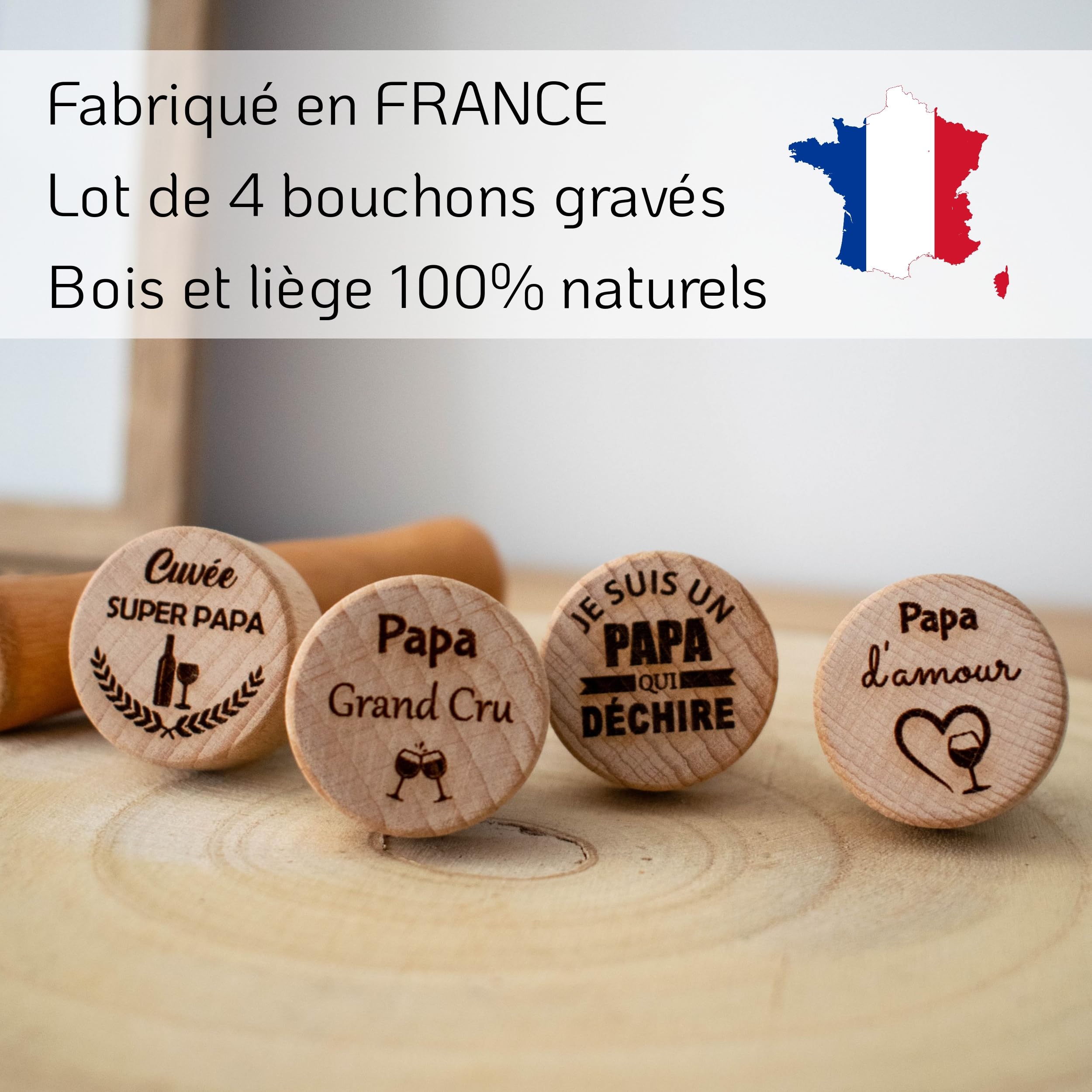 Lot de 4 Bouchons Papa personnalisés - Cadeau fête des pères - Idée Cadeau Homme - Accessoire vin