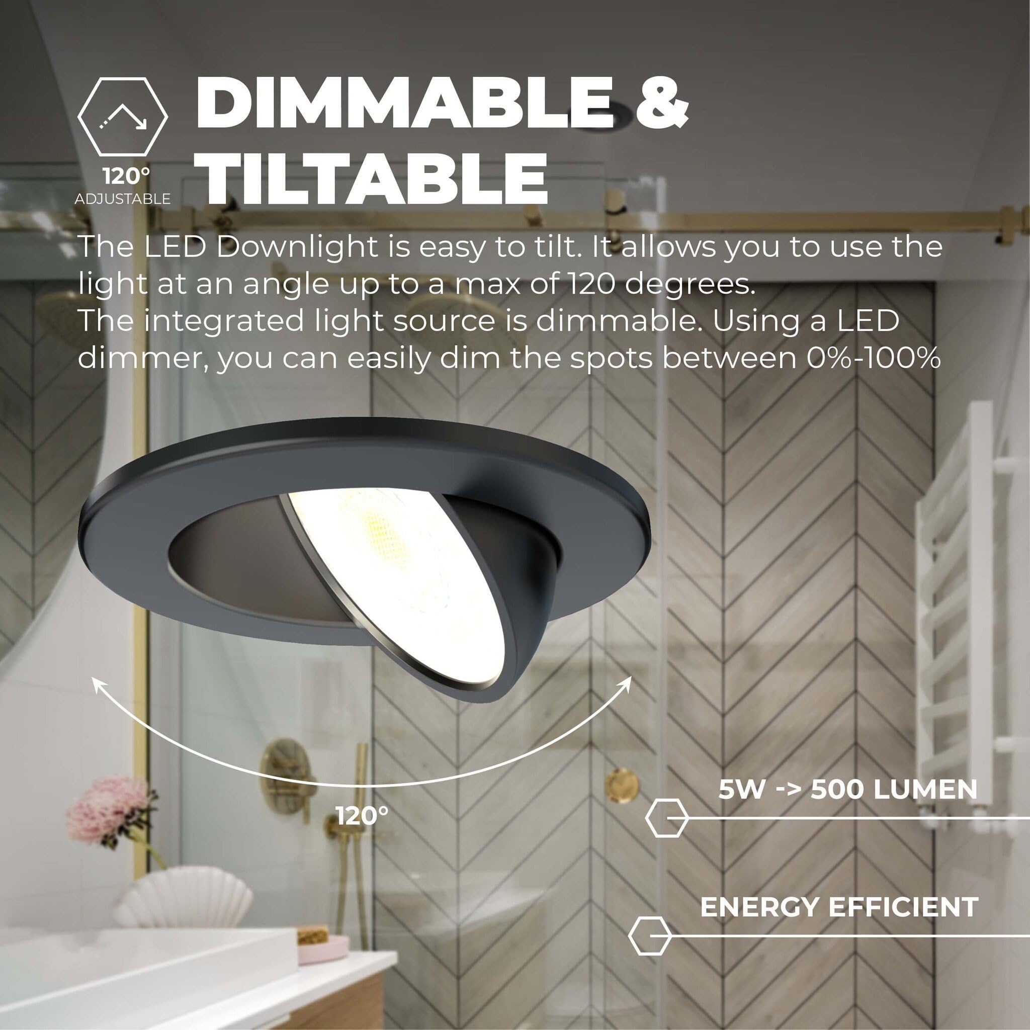 Ledvion LED Einbaustrahler 6er set Schwarz 5W CCT wasserdicht IP65 dimmbar | Einbaumass O75mm; Wasserfest fuer Bad Dusche und feuchte Innenbereiche