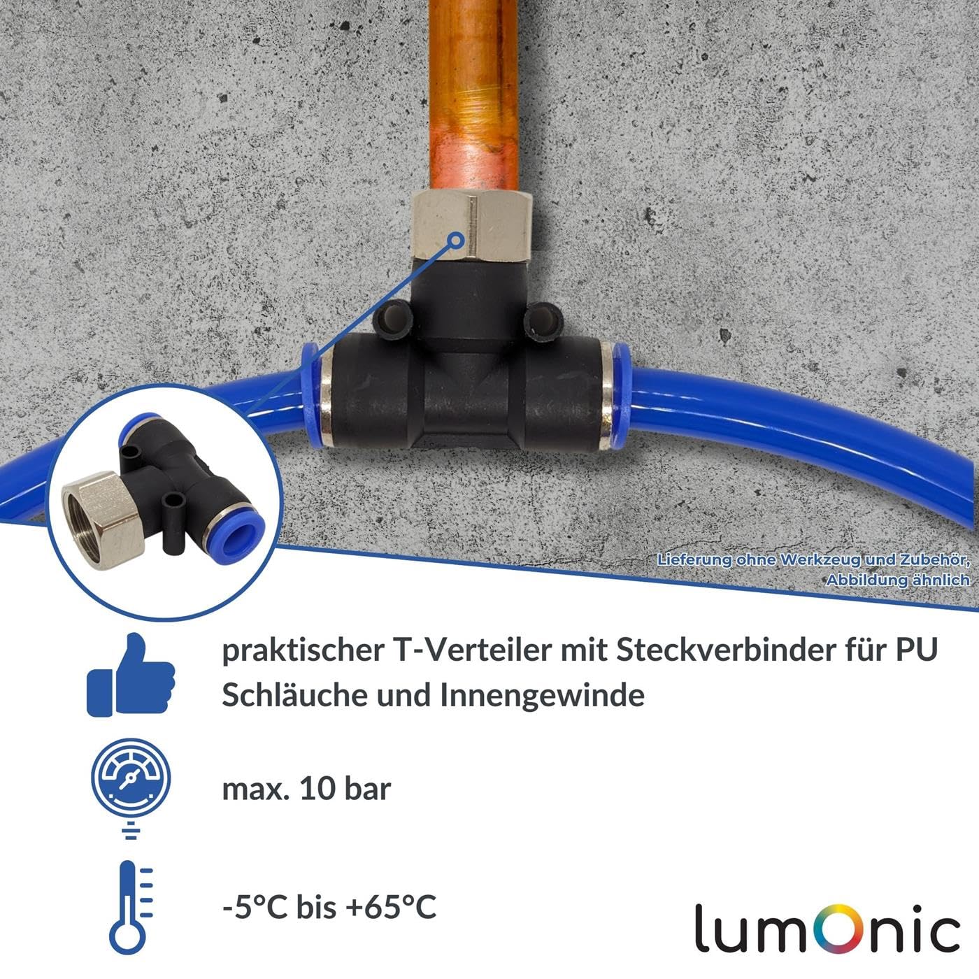 Lumonic 20x I Manguera de PU Racor en T con rosca hembra I 8mm*1/4inch I Pieza en T I Push-in I Conector neumático I Distribuidor en T I Aire comprimido