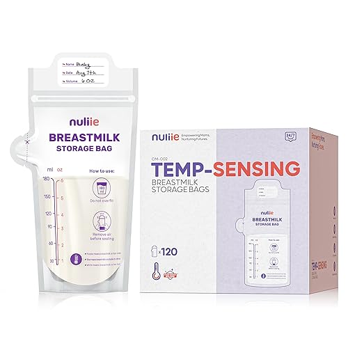 Nuliie 120 bolsas de almacenamiento de leche materna con detección de temperatura, sin fugas, sin BPA con boquilla fácil de verter, 6 onzas