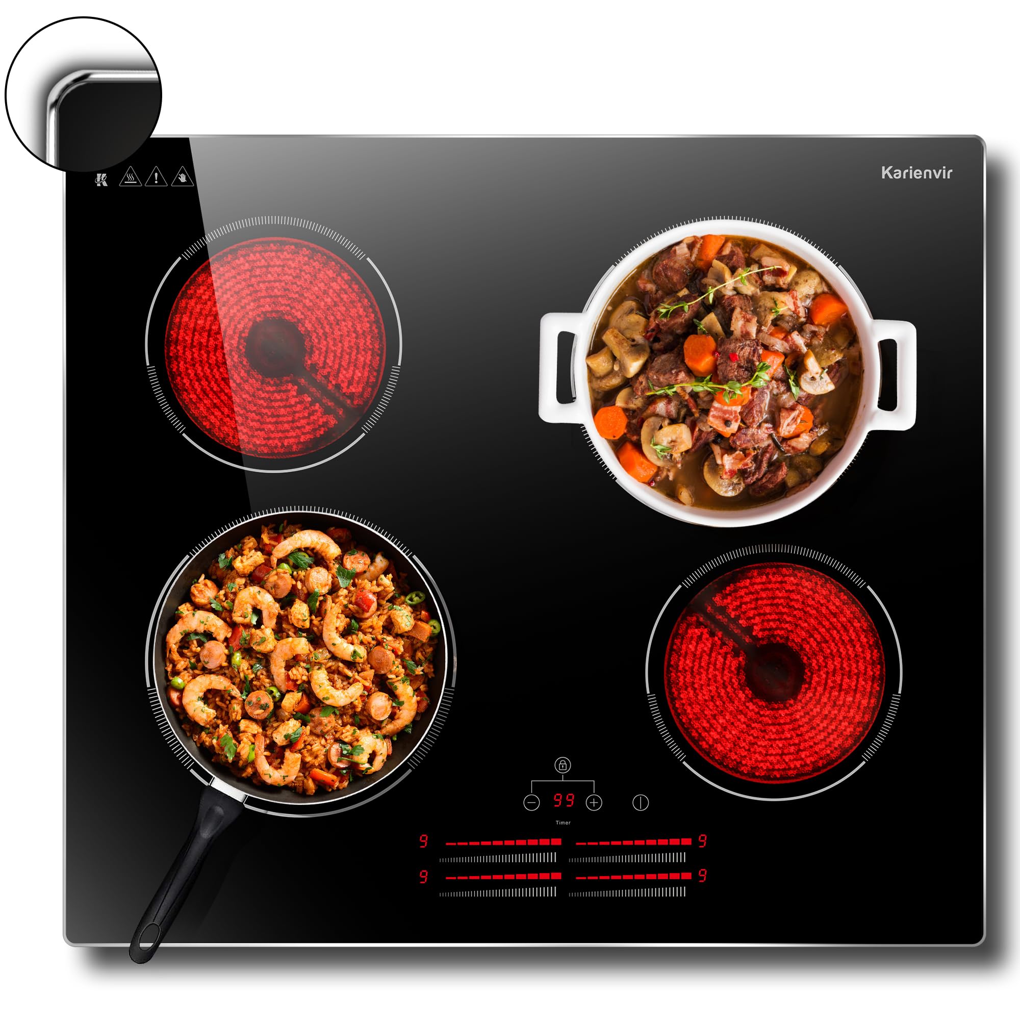 24 Inch Electric Cooktop 4 Burners, Slide Controls, Built in Electric stove top, Glass Protection Metal Frame, 9 Power Levels, 6000W Electric Stove with Safety Lock, Timer, 240V Hard Wire(No Plug)