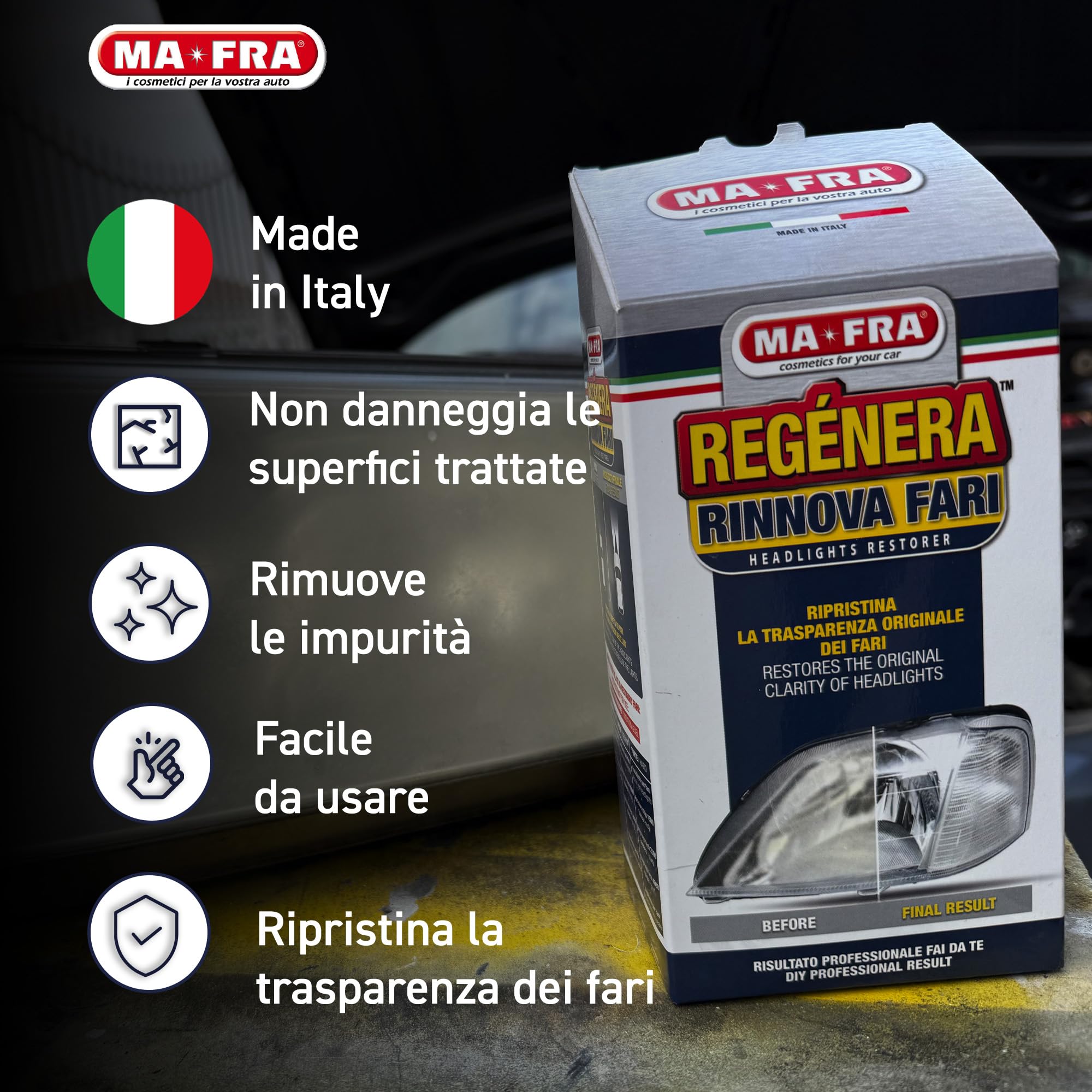 Ma-Fra Kit Regénera Fari, Composto da 16 Carte Abrasive, Polish Lucidante e Sigillante Spray, Ripristina Aspetto Originale dei Fanali Auto e Migliora l'Efficacia delle Luci, Rimuove Effetto Opaco