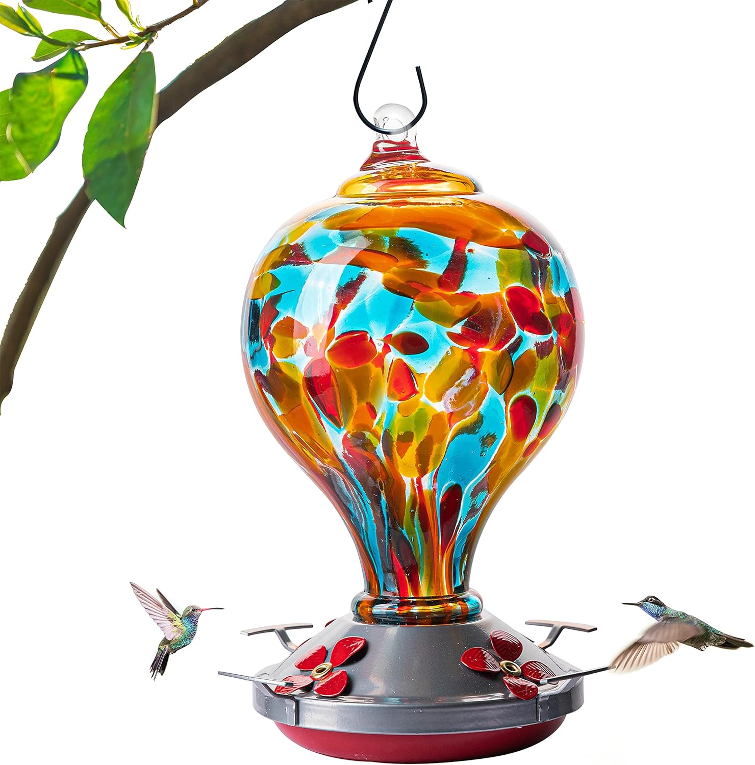 Muse Garden Hummingbird Feeder for Outdoors, Hand Blown Glass, 32 Ounces, Containing Ant Moat, Carnival : Patio, Lawn & Garden