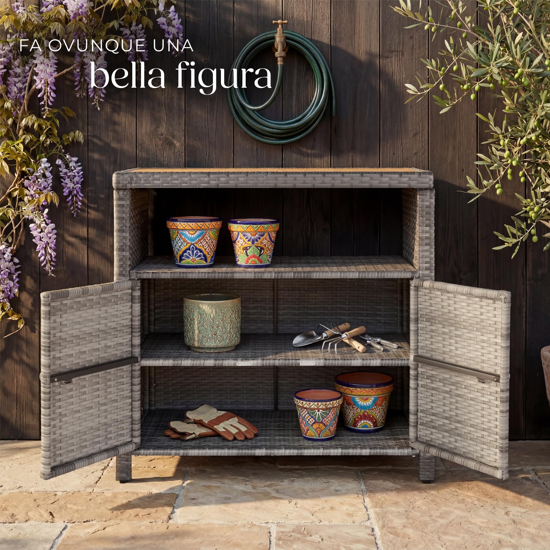 tectake® Armadietto da Giardino in Rattan e WPC, 90 x 55,5 x 87 cm, Mobile da Esterno, 2 Ante, Vano Aperto, Resistente alle Intemperie, Piedini Regolabili, Ideale Arredo Giardino e Terrazzo - Grigio