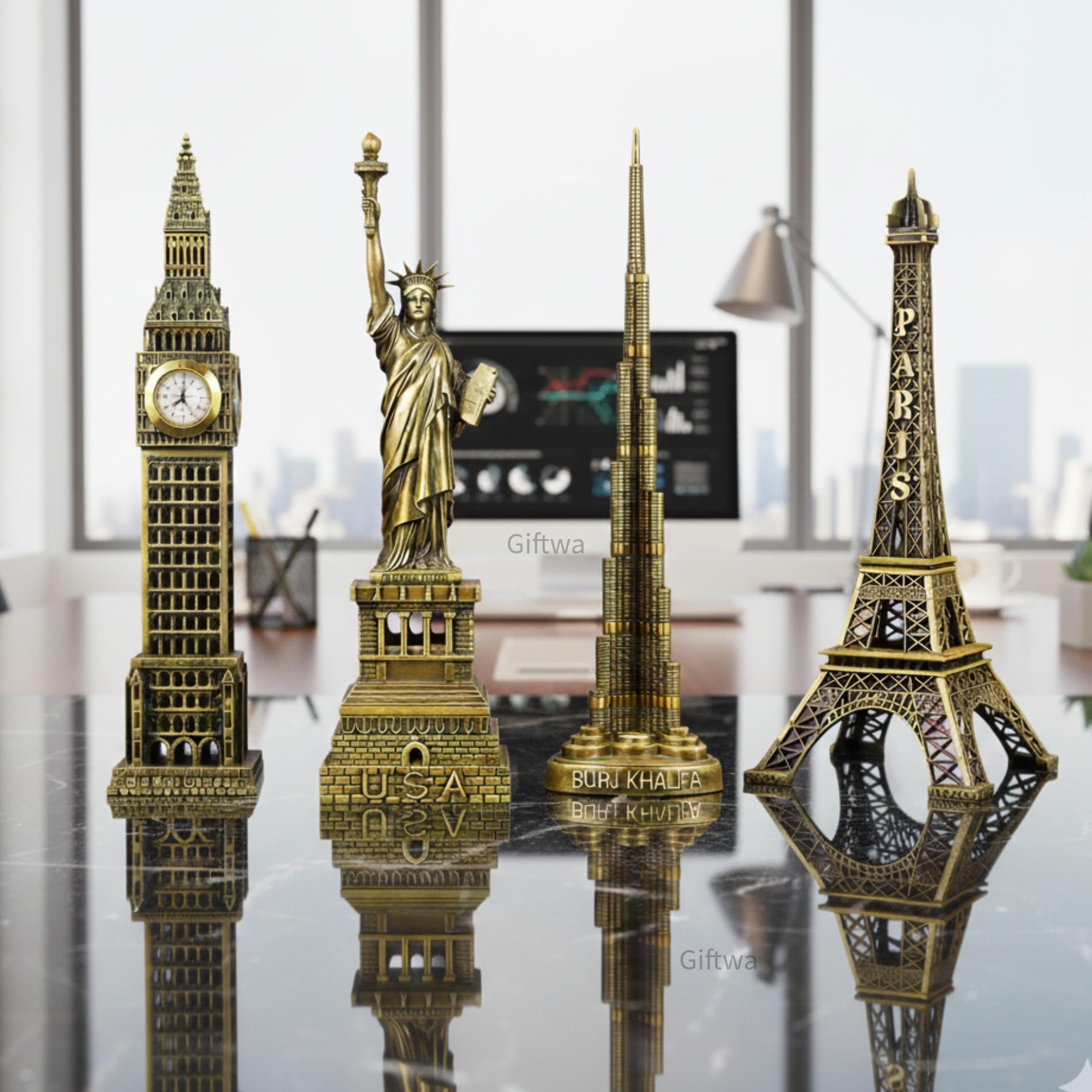 Metal Burj Khalifa, Eiffel Tower, Big Ben Statue of Liberty Combo Model Replica, Souvenir, Table Decorative Showpiece, Home Office(Set of 4)-image-22