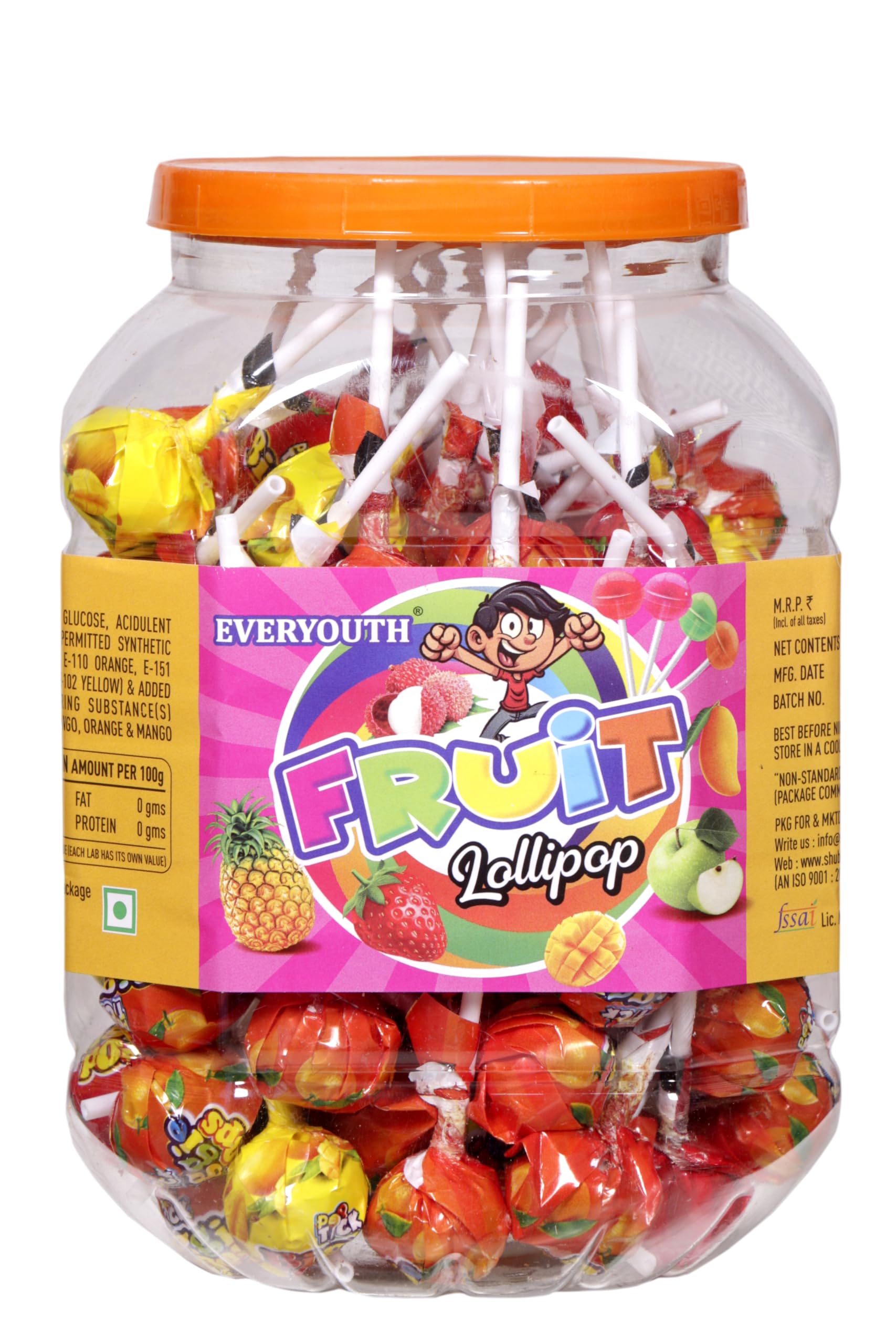 EVERYOUTH Exciting Fruit Flavoured Lollipops for Kids Orange, Watermelon, Blue Lemonade, Green Apple Lollipop, 900 gm, 100 pieces