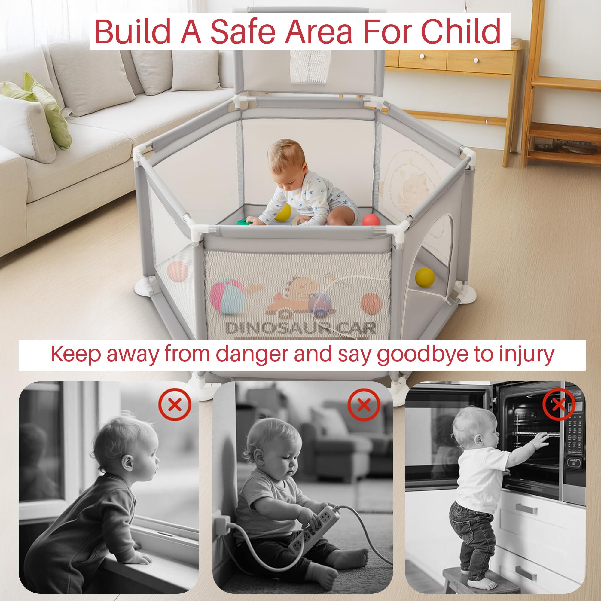 Baybee Neo Plus Kids Playpen for Babies | Baby Activity Playards with Basket Ball Hoop, Zipper Door & Corner Protection | Baby Play Area Indoor Setup with Hexagon shape for Extra Space | Outdoor Play Pen for Baby up to 5 Years (Grey) 2
