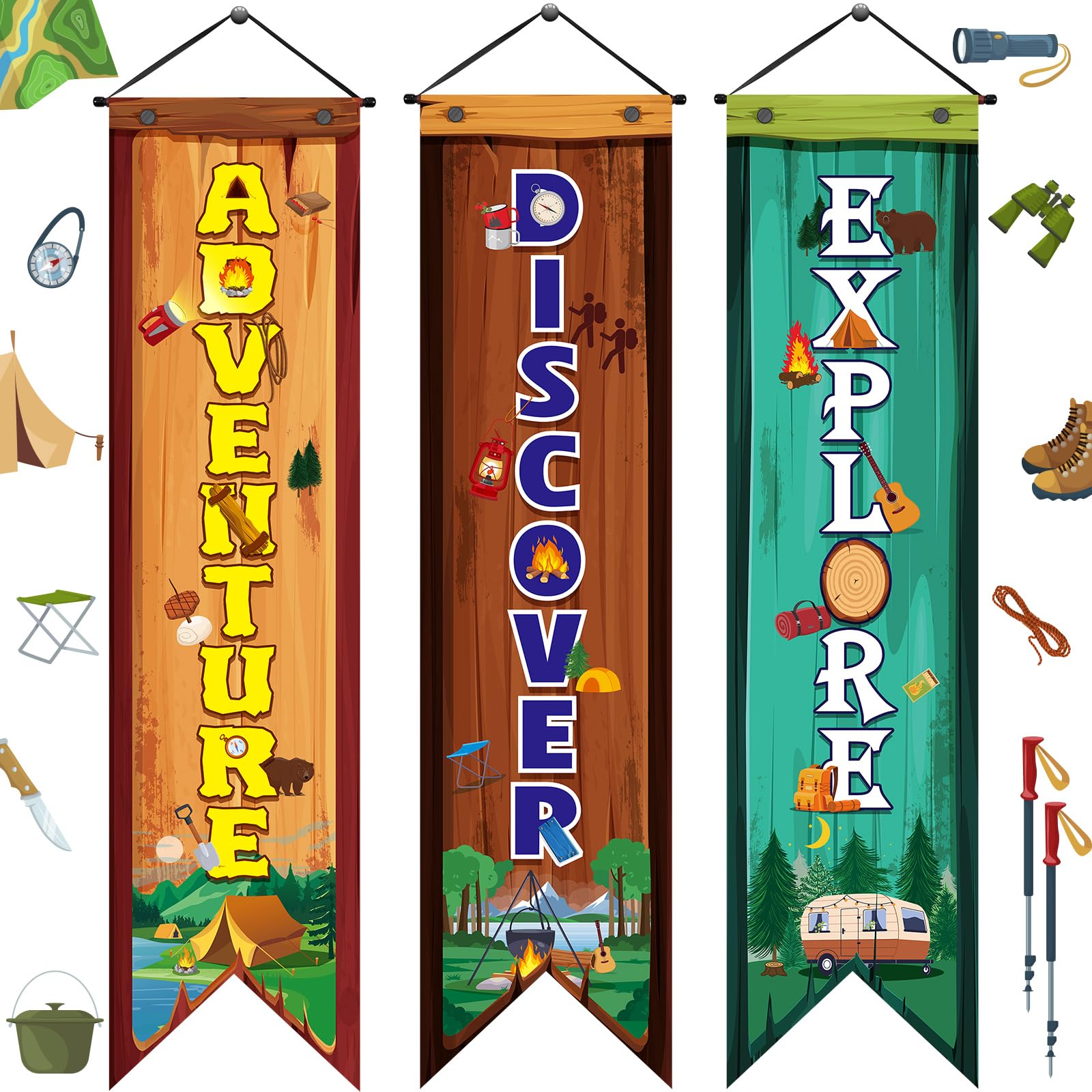Chiisong 3 Pcs Camping Party Banners Camping Door Porch Sign Camping Party Decoration Camper Adventure Sign Welcome Camping Banner for Camping Theme Birthday Party Classroom Campsite Decorations