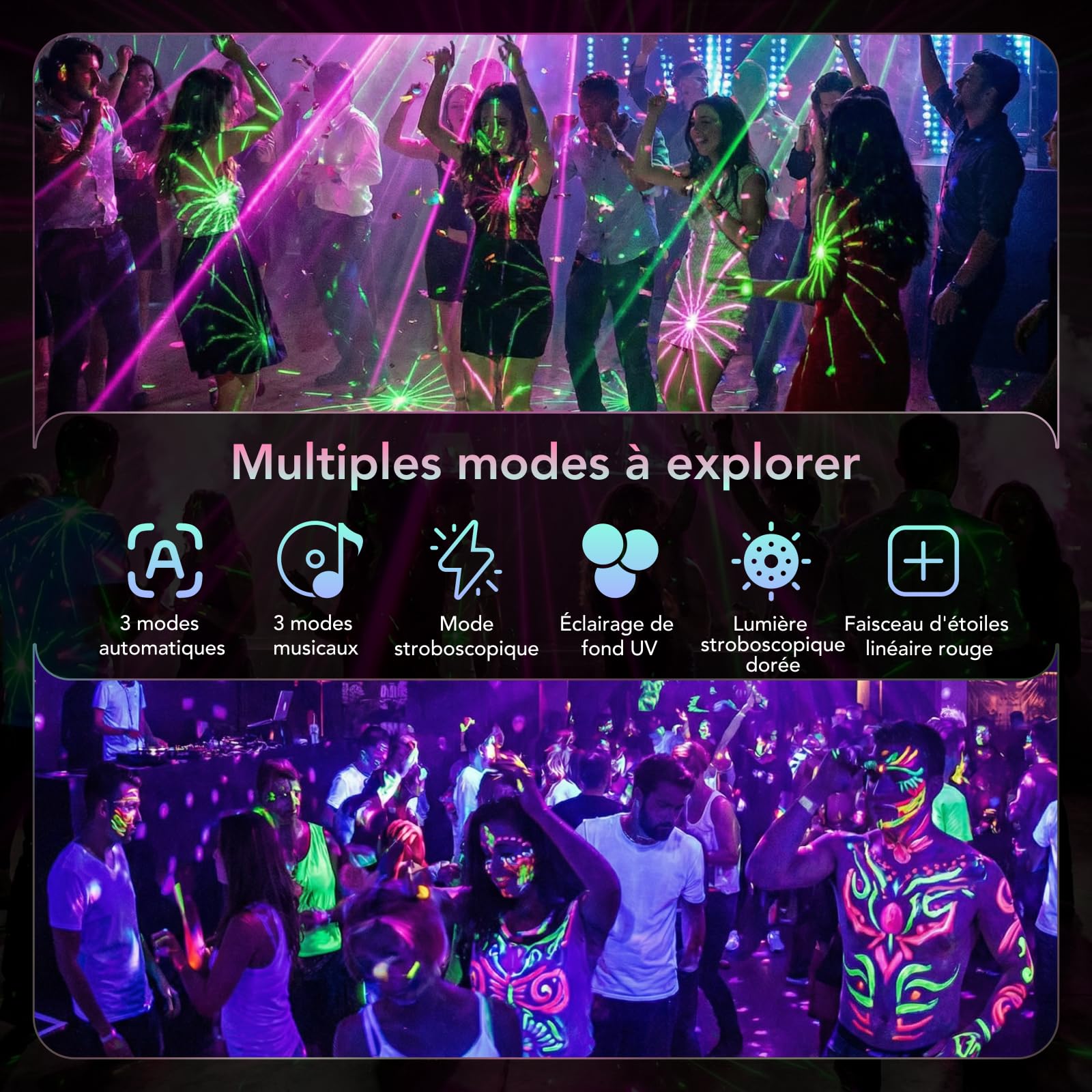 Tomshine Jeux de Lumière DMX 5 en 1, 150+ Combinaisons d'Effets et Boule Magique 15 Couleurs, 12x Lumière Noire UV et 2x Stroboscope Doré, Faisceau Étoile Rouge, Eclairage DJ pour Soirée, Club