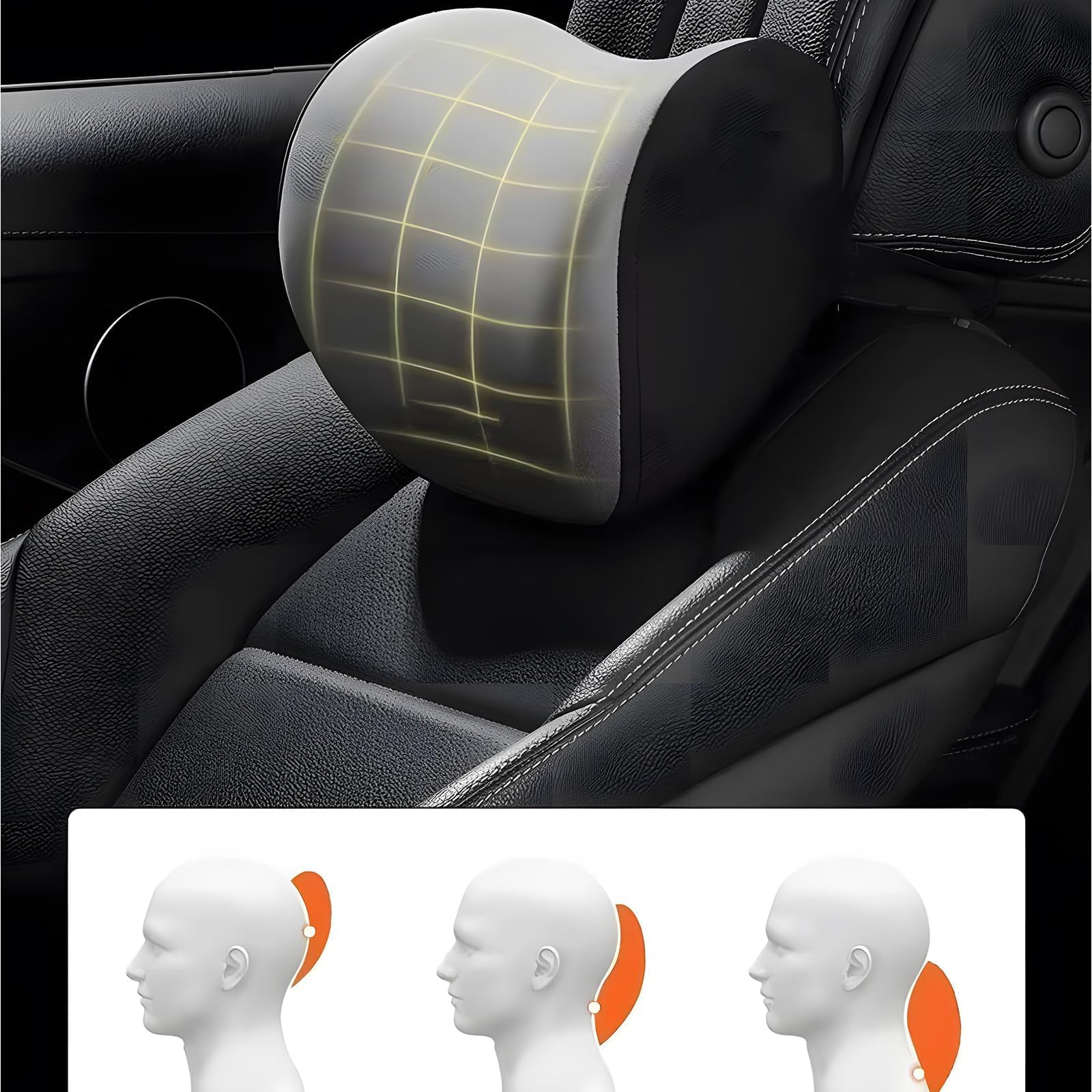 Cojín para Reposacabezas de Coche para Citroen Nemo (2008+), Cojín Lumbar Coche, Ergonómico Almohada Coche y Respaldo Lumbar,A Black