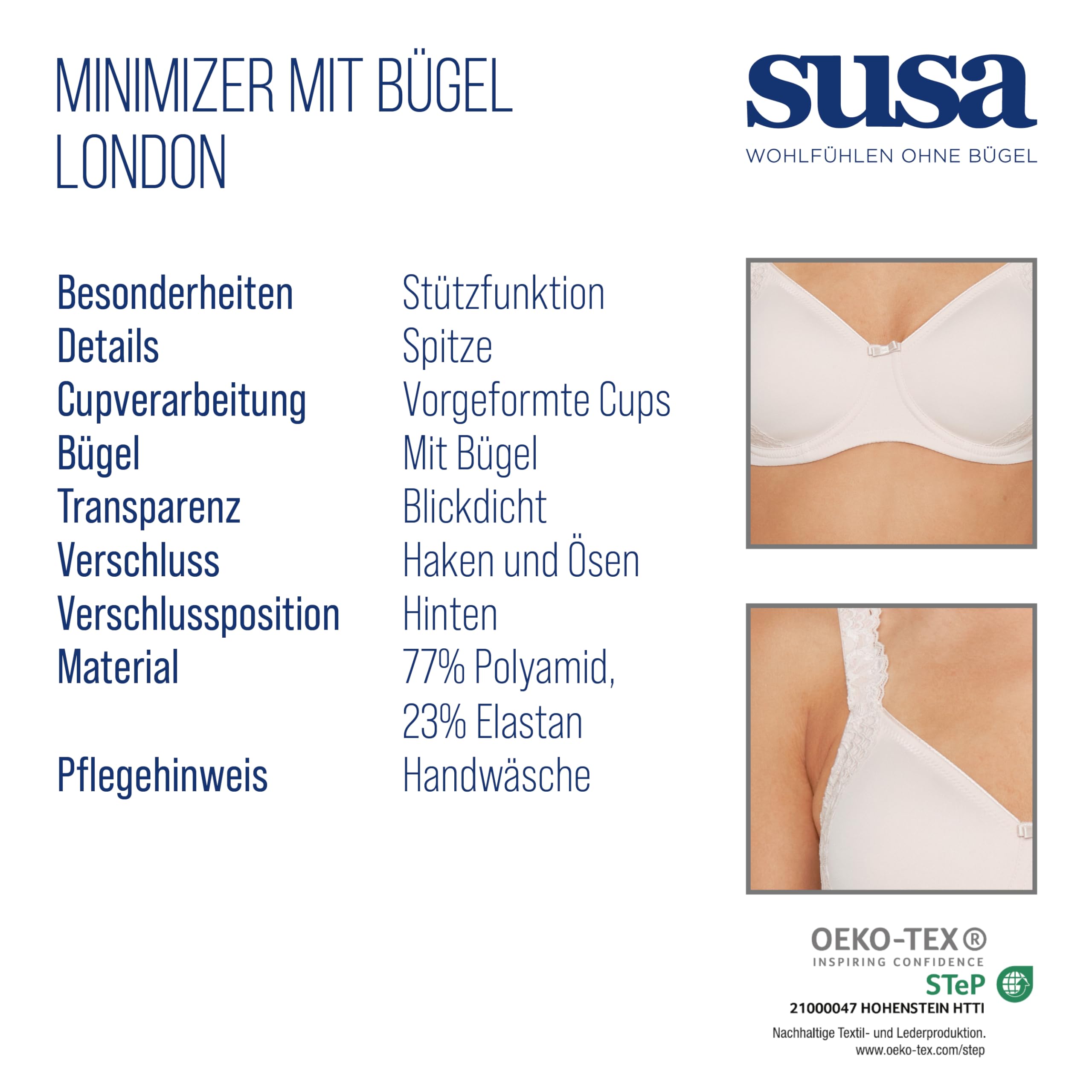 Susa Minimizer BH Damen mit Bügel London I Damen-BHS mit Minimizer Schnittform, verkleinert die Brüste optisch I Gemoldete Cups, breite Träger