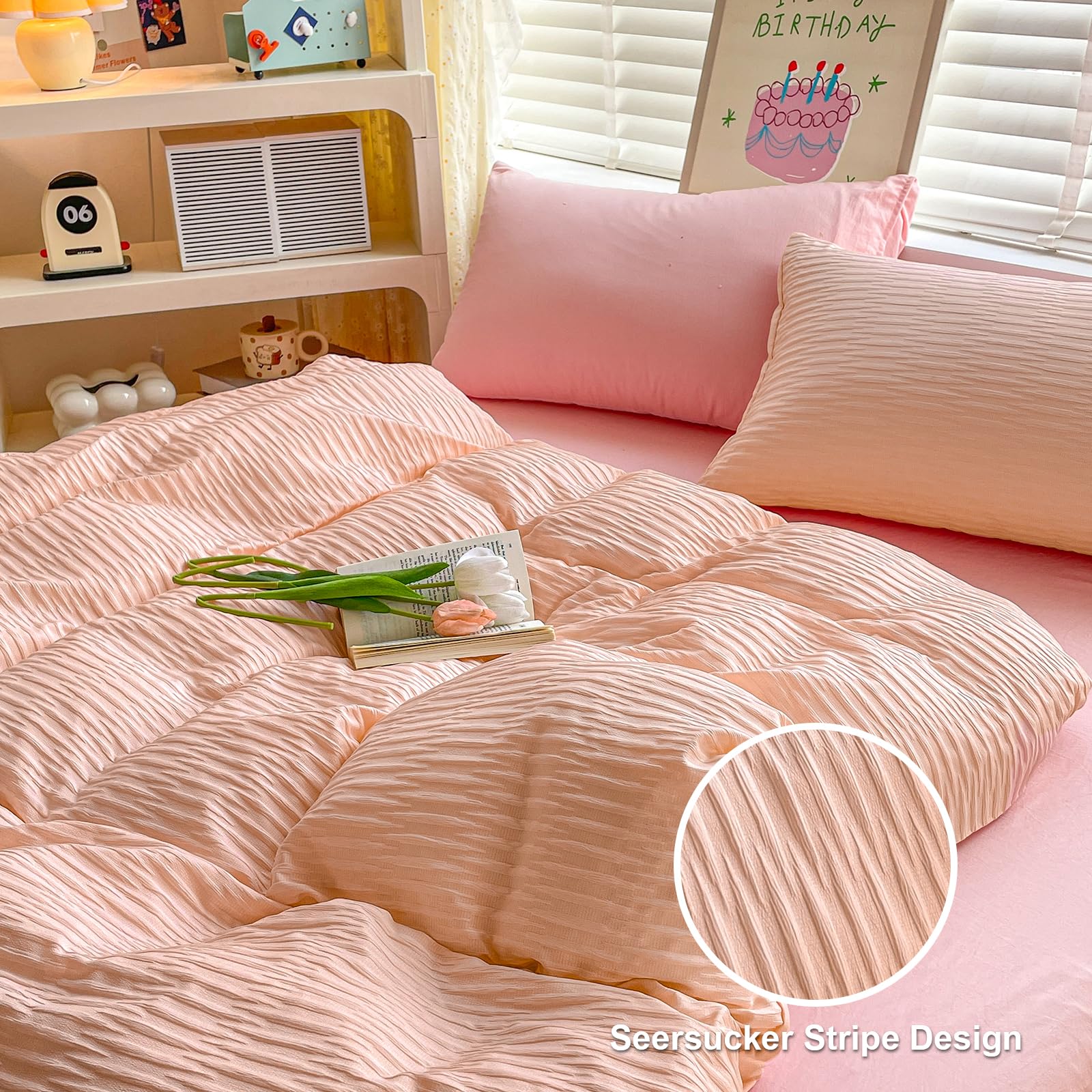 Seersucker Duvet Cover Set King Size Beddding Set including Pillowcases for Teens Adults Soft Microfiber Polyester Seersucker Bedding - Image 4