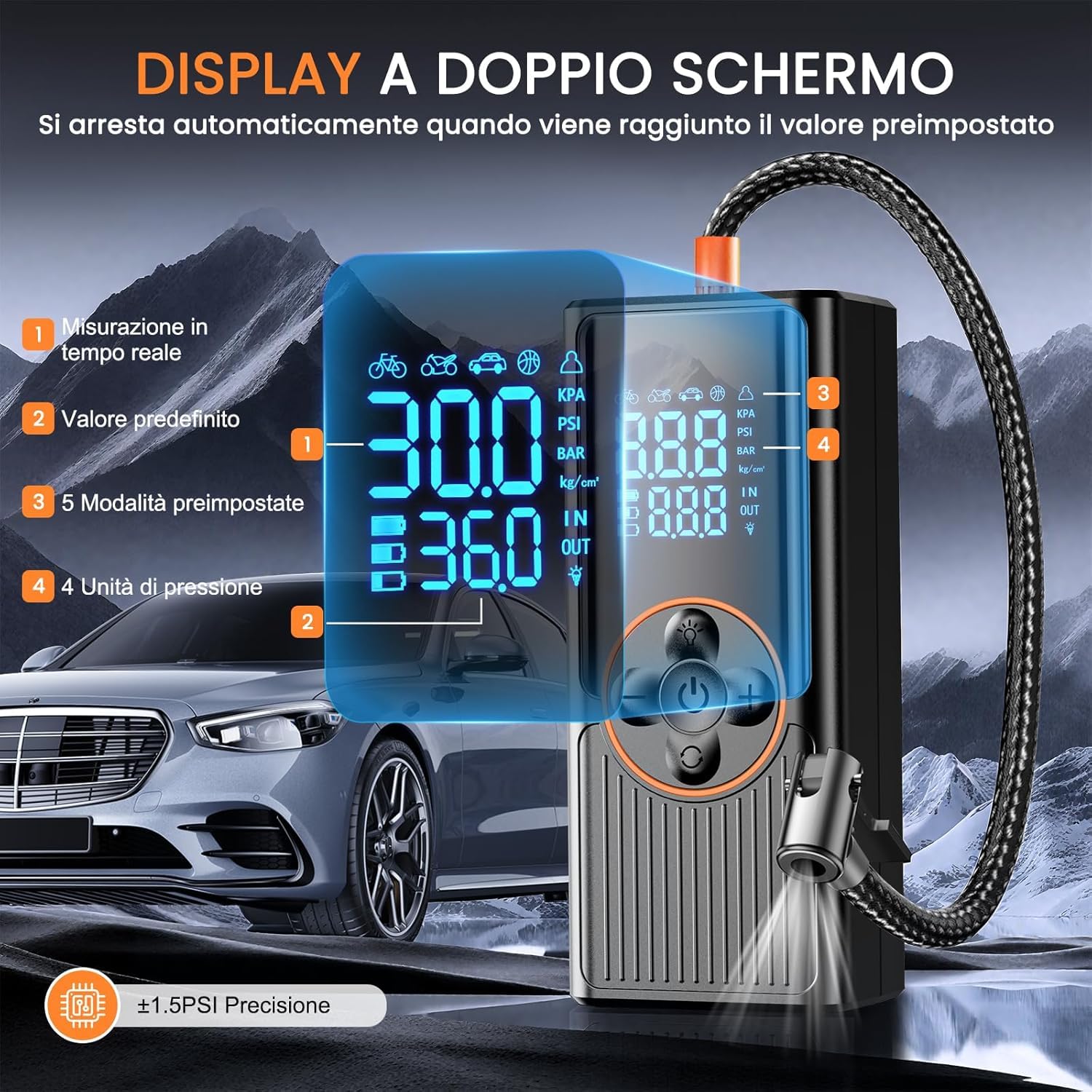 Compressore Aria Portatile per Auto 8000mAh, 150PSI Gonfiatore Elettrico a Doppia Alimentazione Ricaricabile con Display Digitale e Luce LED, Spegnimento Automatico, per Auto, Moto, Bici, Palloni