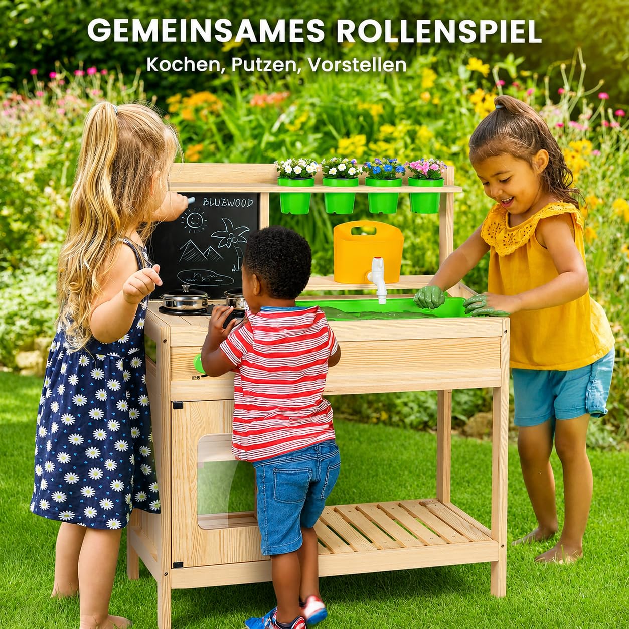Cocina de Juguete de Madera para Niños | Cocina Exterior Infantil BlueWood | Grifo Funcional, Fregadero Grande, Estantes y Accesorios | Juego Educativo al Aire Libre