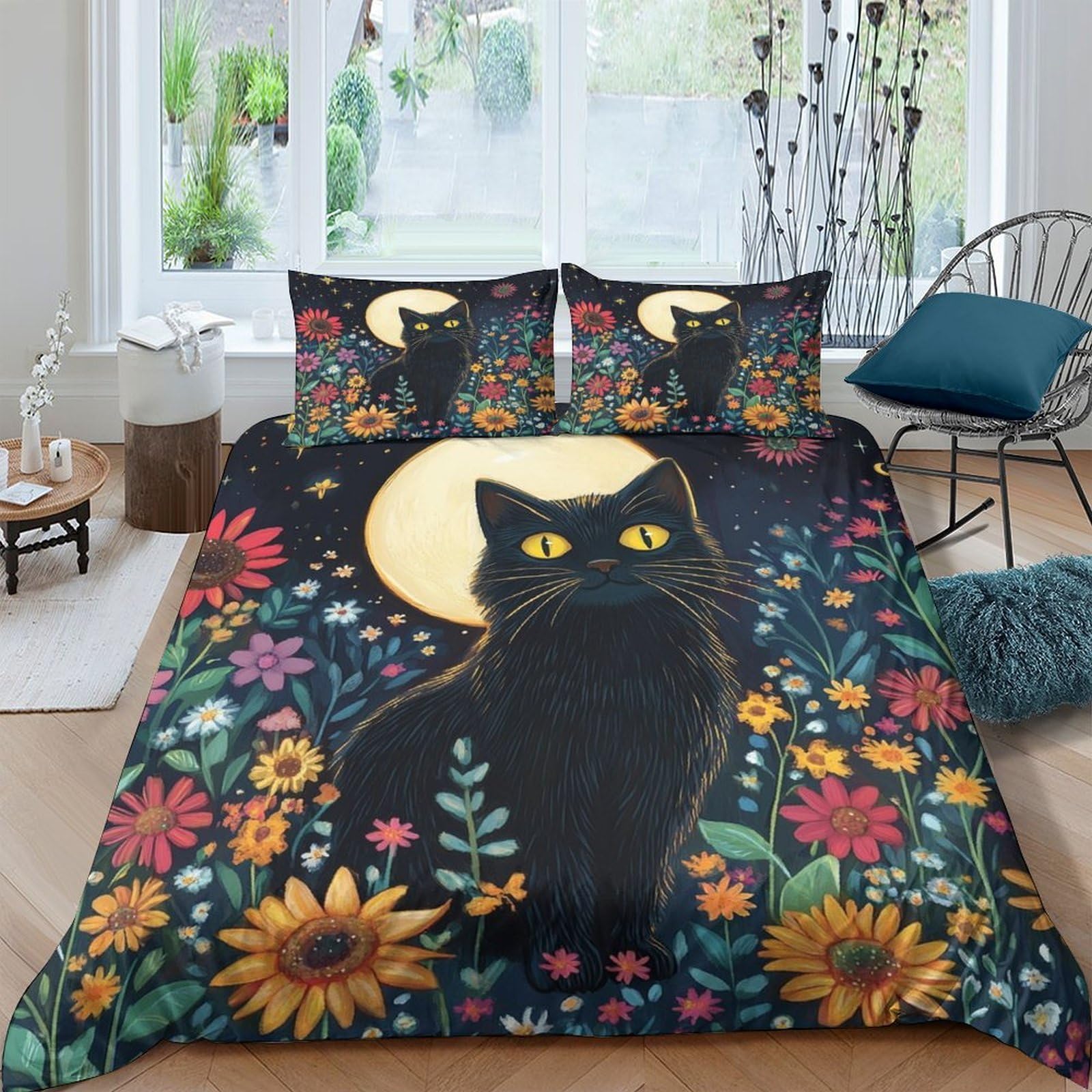 Ctjqhvkz Style-6 3D Printed Black Cat Moon Fitted Sheet Microfiber Sunflower Floral Mattress Cover Bedroom Dorm Decor Easy Care Single（135X200cm）