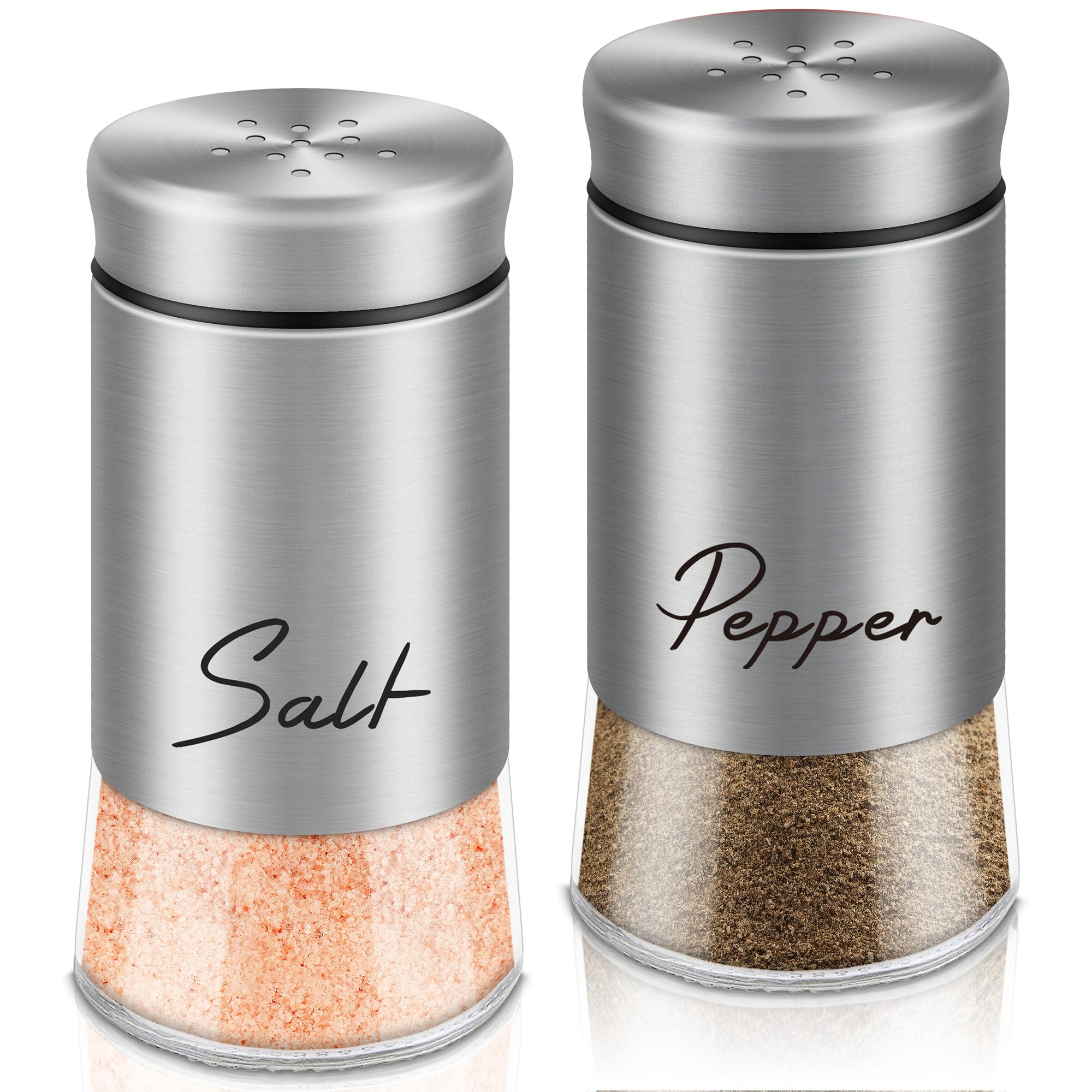 Stainless Steel Salt and Pepper Shakers Set,5 oz Modern Pepper Shaker for Kitchen Metal Gadgets with Glass Bottom Home Essentials Counter Decor Refillable Design (Silver)