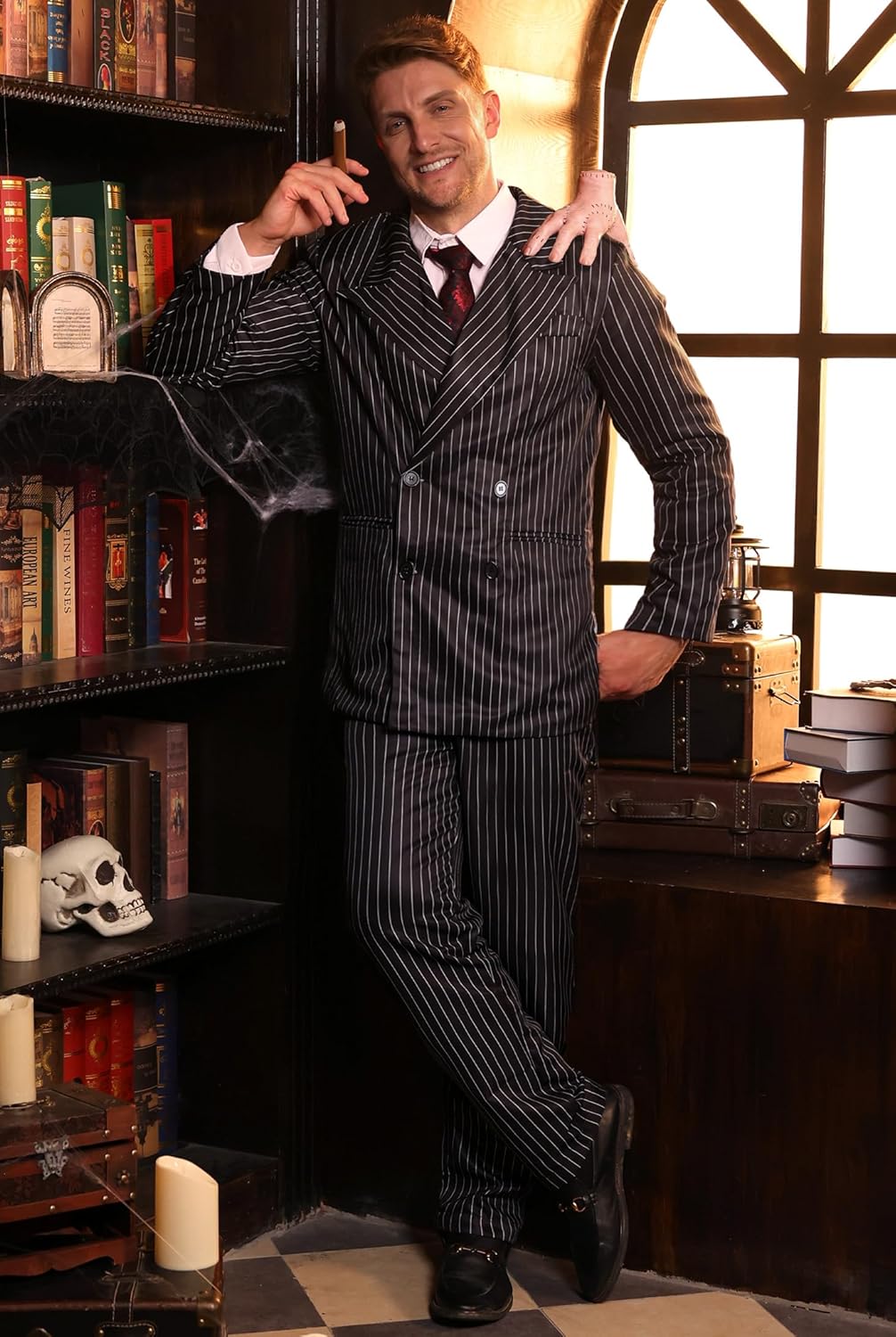 Arvilhill 3 Pcs Gomez Addams Costume Adult Men 1920s Gangster Outfit Black Striped Blazer Pants Tie Suit (S-2XL) - Image 4