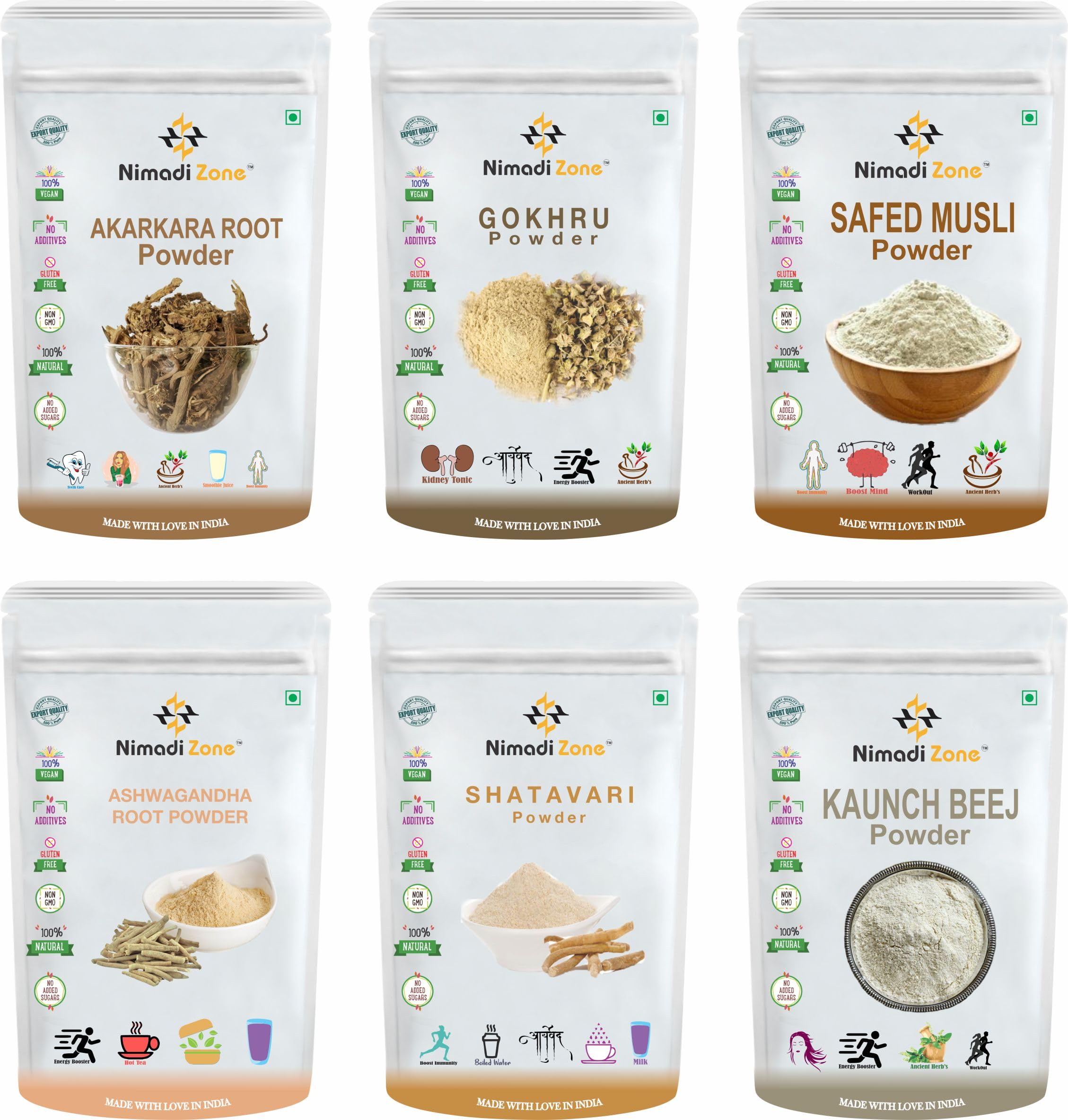 Nimadi Zone Pack Of 6 Different Powers i.e Akarkara, Gokhru, Safed Musli, Kaunch, Ashwagandha & Shatavari (200 grams pack each) = 1200 grams Total