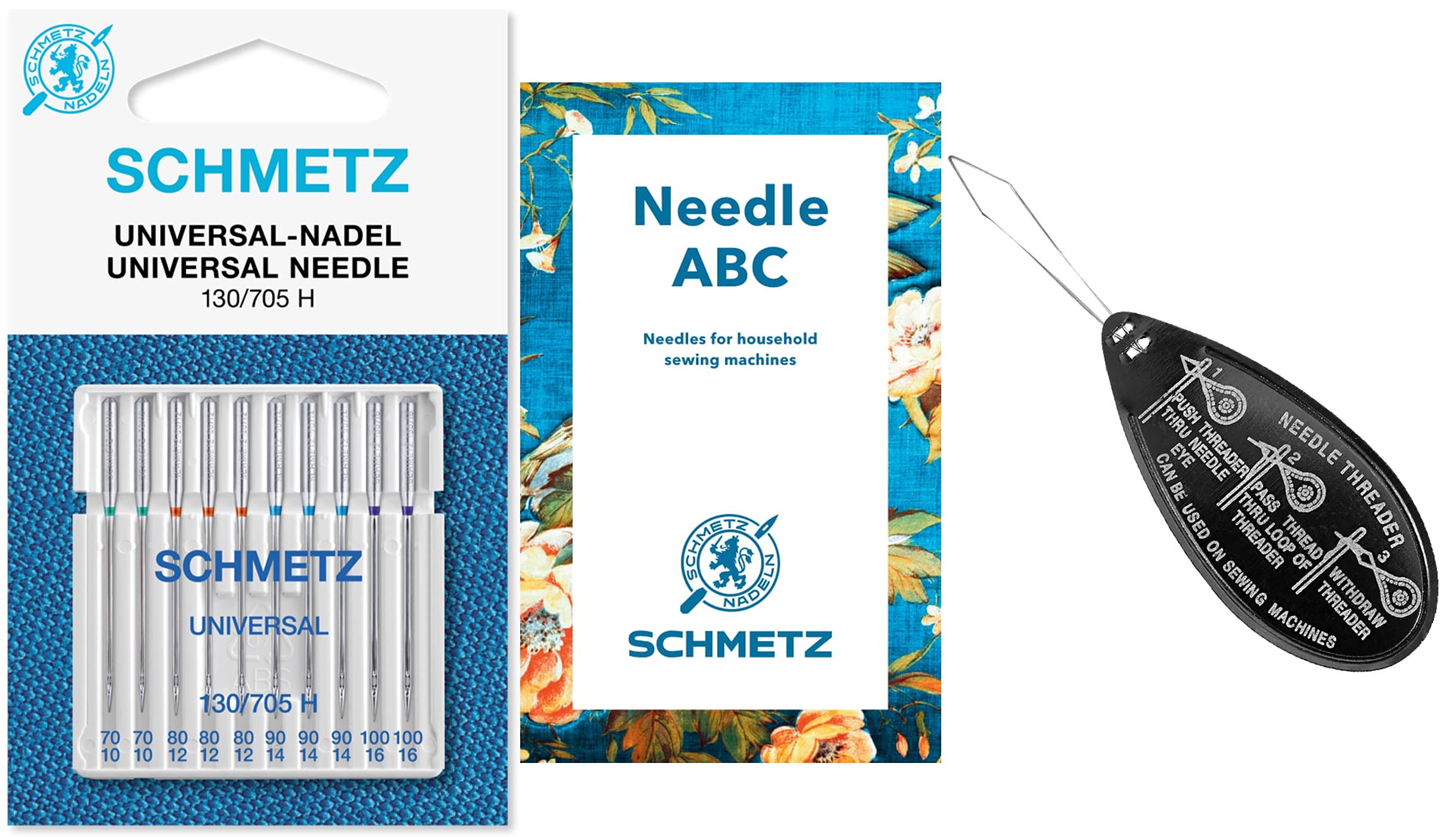 Speedypress Silver Universal (Regular) Household Sewing Machine Needle 130/705 H, Pack Of 10, Assorted Sizes: 70/10, 80/12, 90/14 & 100/16 + Unique Large Needle Threader & Abc Needle Guide