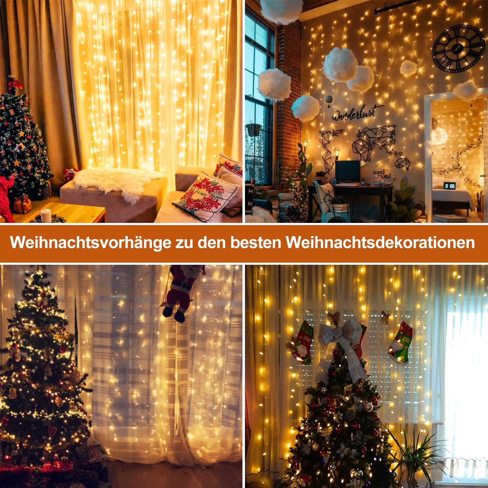 XIBOO 600 LEDs 6Mx3M Tenda Luminosa Natale Esterno Interno Luci di Natale 8 modalità di funzionamento catena luminosa tenda per decorazione d'interni matrimonio Decorazione bianco caldo