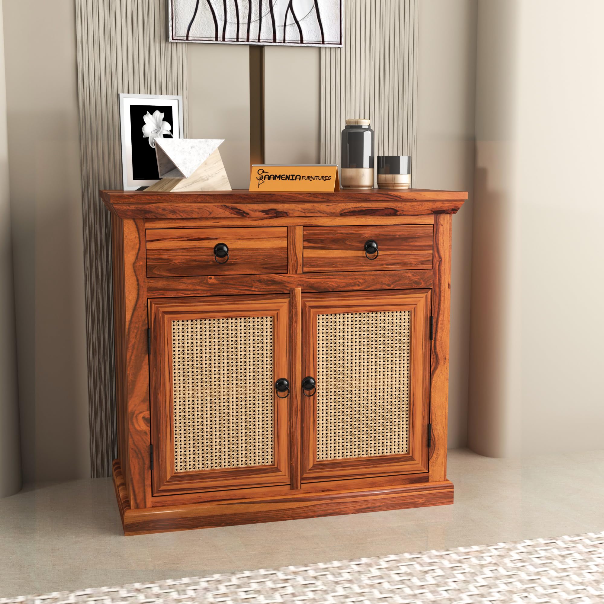 Mamta Furniturer Small Wooden Cabinet for Living Dining Drawing Bedroom & Office with 2 Drawer & 2 Rack - Solid Wood Sheesham Honey Finish Cabinet in Net Style-image-28