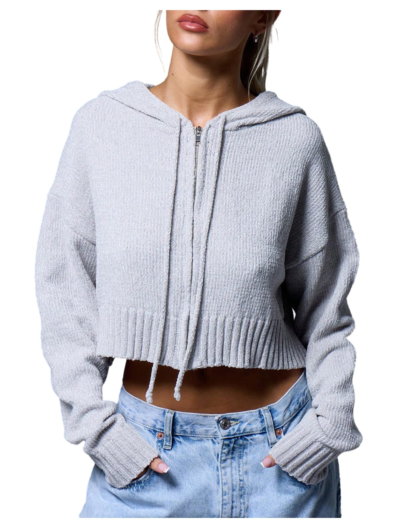 Milumia Womens Zip Up Crop Cardigan Sweater Ribbed Long Sleeve Hooded Jackets Outerwear