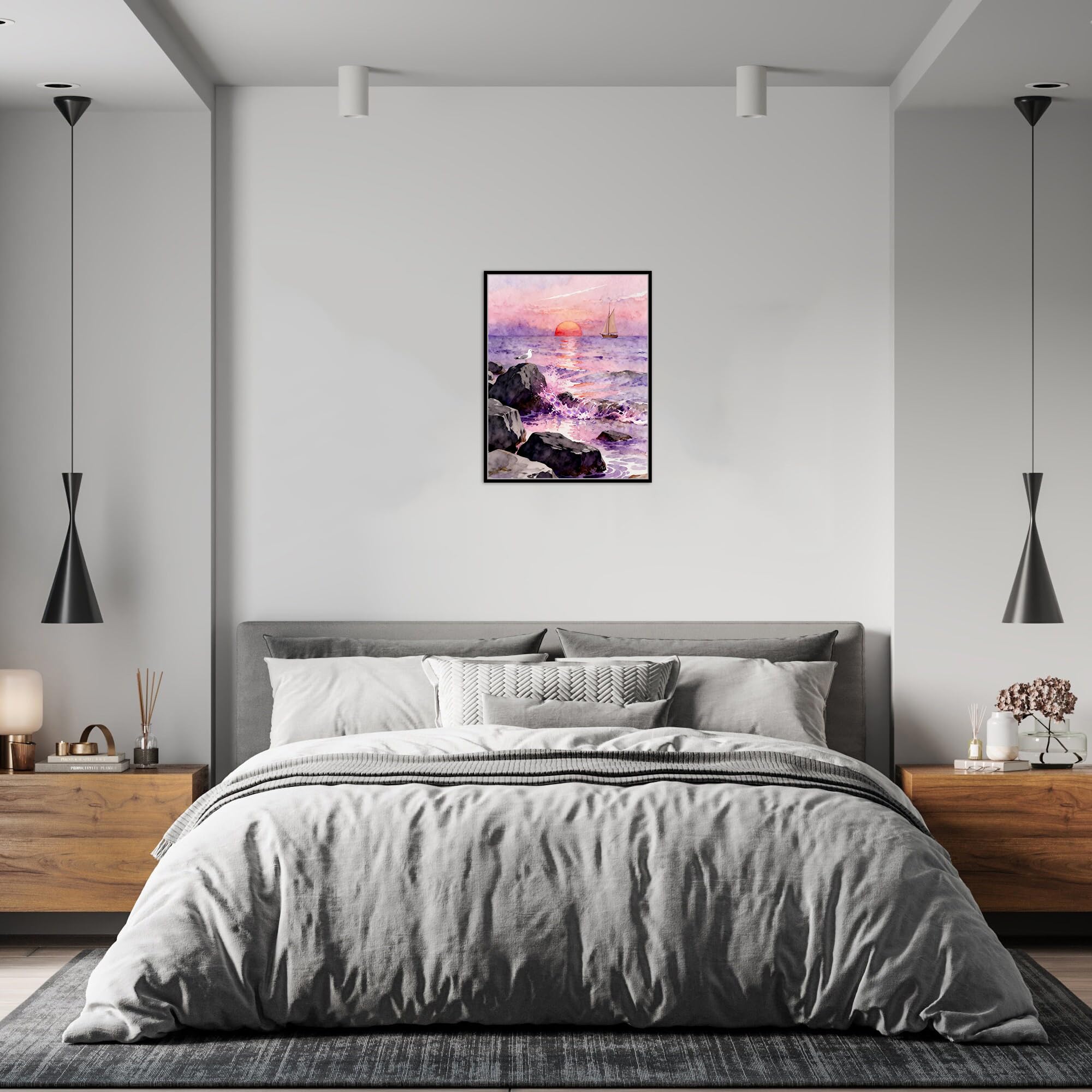 OZPWBVY Meer Leinwandbild-Strand Sonnenuntergang Boot-Küsten Landschaftsbilder für Wohnzimmer Schlafzimmer Fertig zum Aufhängen 80x105cm Schwarz Rahmen