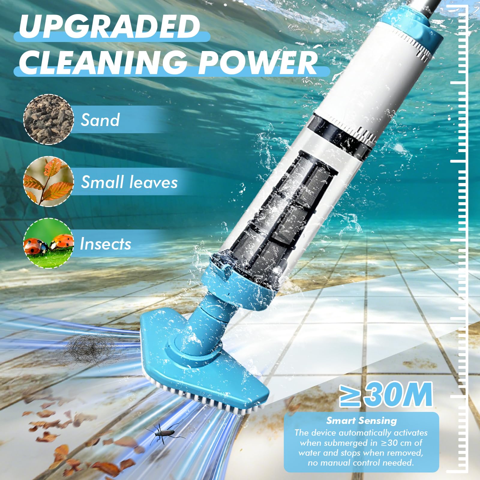 3 en 1 Aspirateur de Piscine sans Fil Aspirateur avec 165cm Perche Rétractable Nettoyeur Électrique à Batterie Rechargeable Portable Hors Sol Spirateur 90 Min D’Autonomie pour Piscine,Jacuzzi,Spa