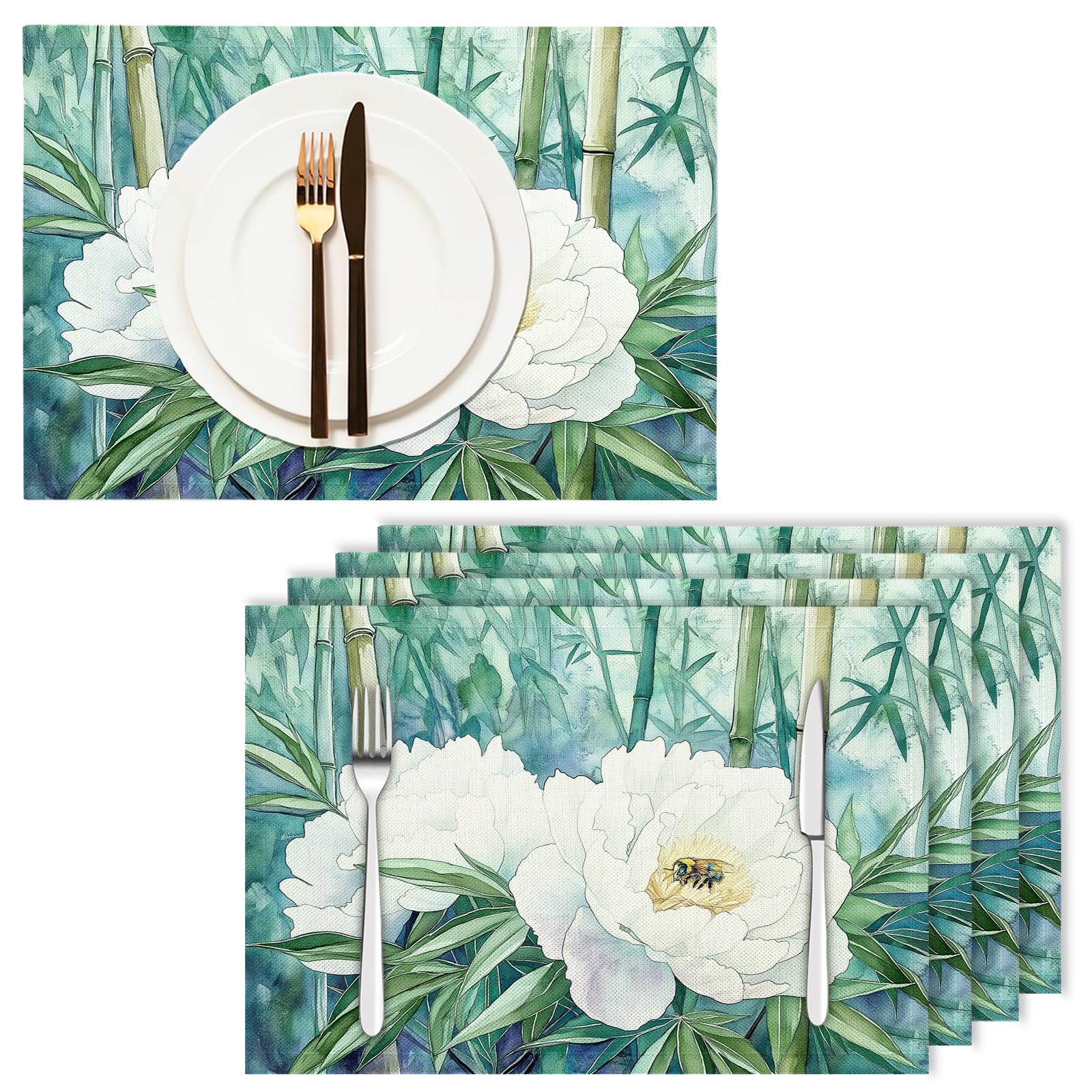 Set di 8 Tovagliette Americane Lavabili Cotone Lino Acquerello - Tovaglietta Americana Resistenti al Calore Durevole Peonia bianca - per Colazione Pranzo 30×45 cm
