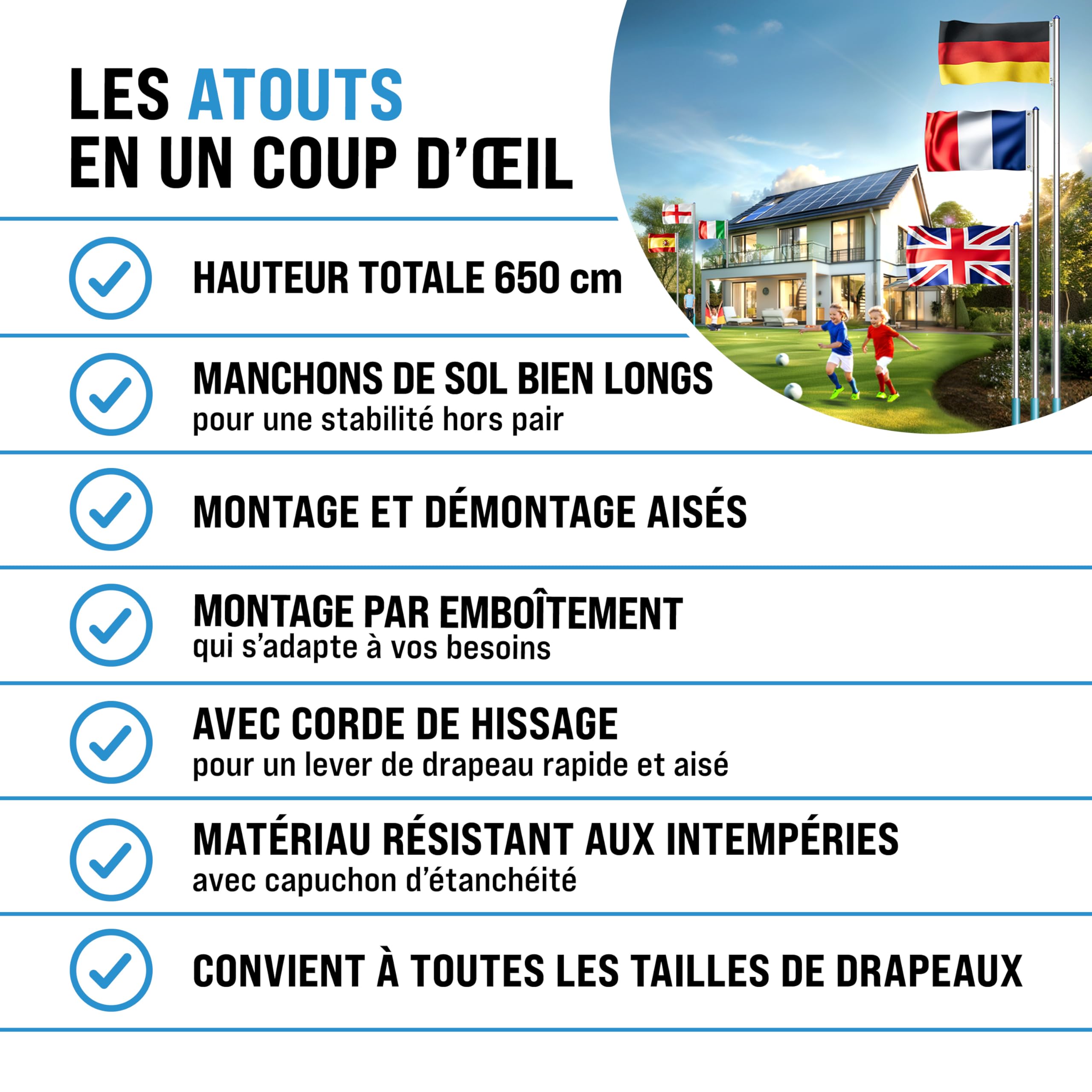 MONZANA® Mât de Drapeau Télescopique en Aluminium 6,5m - Cordelette de Hissage avec Douille de Sol, Réglable en Hauteur pour Jardin France