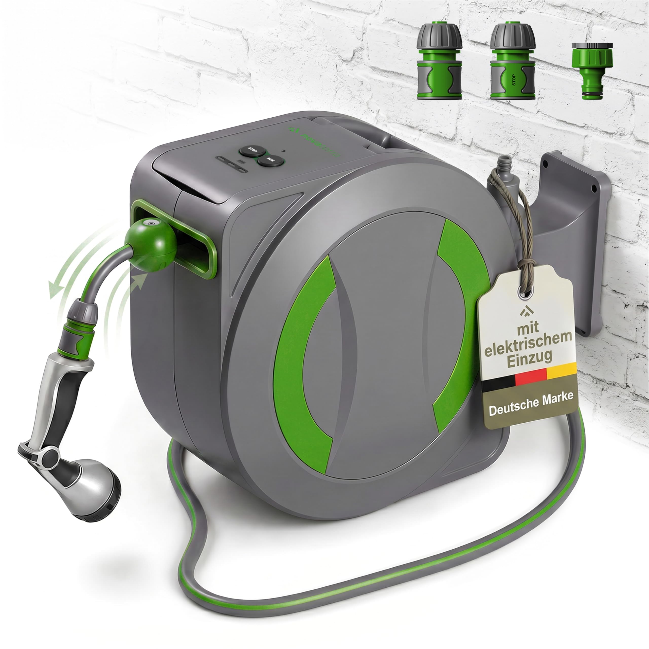 Dönges novaterra® Elektrische Schlauchtrommel 30m – Automatische akkubetriebene Gartenschlauchtrommel mit elektrischem Einzug, wetterfeste Schlauchbox für Garten & Terrasse, Akku Schlauchaufroller