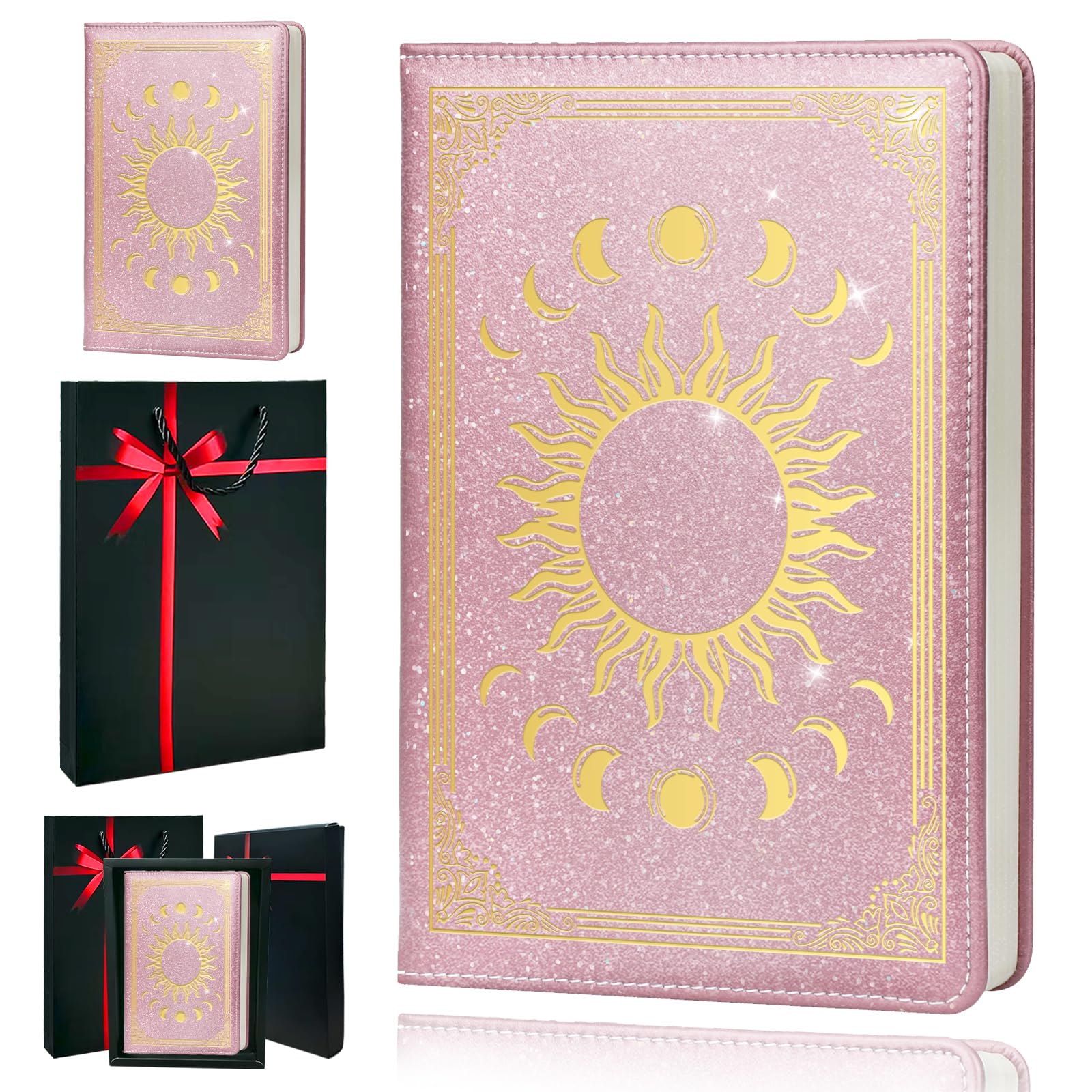 QDWXDEL Premium Leather Journal for Women - Moon Phase A5 Notebook with 100gsm Thick Paper, Travel Journal Gift Set (Moon Phase Pink)